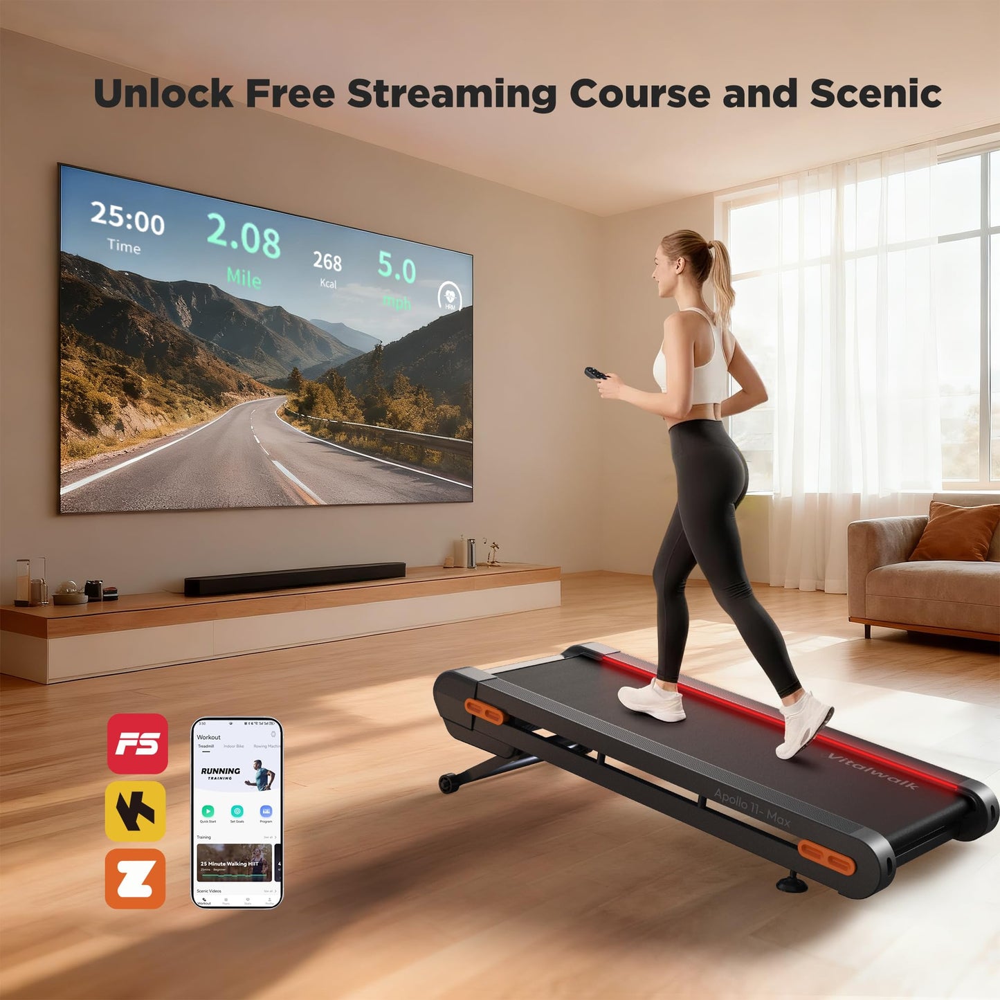Walking Pad Treadmill with Incline, Full Deck, Auto Incline 12%-20%, 400/350lbs Capacity, Vitalwalk Compact Under Desk Treadmills for Home Office, 3.0HP Brushless, Vertical Store, Apollo 11 Max