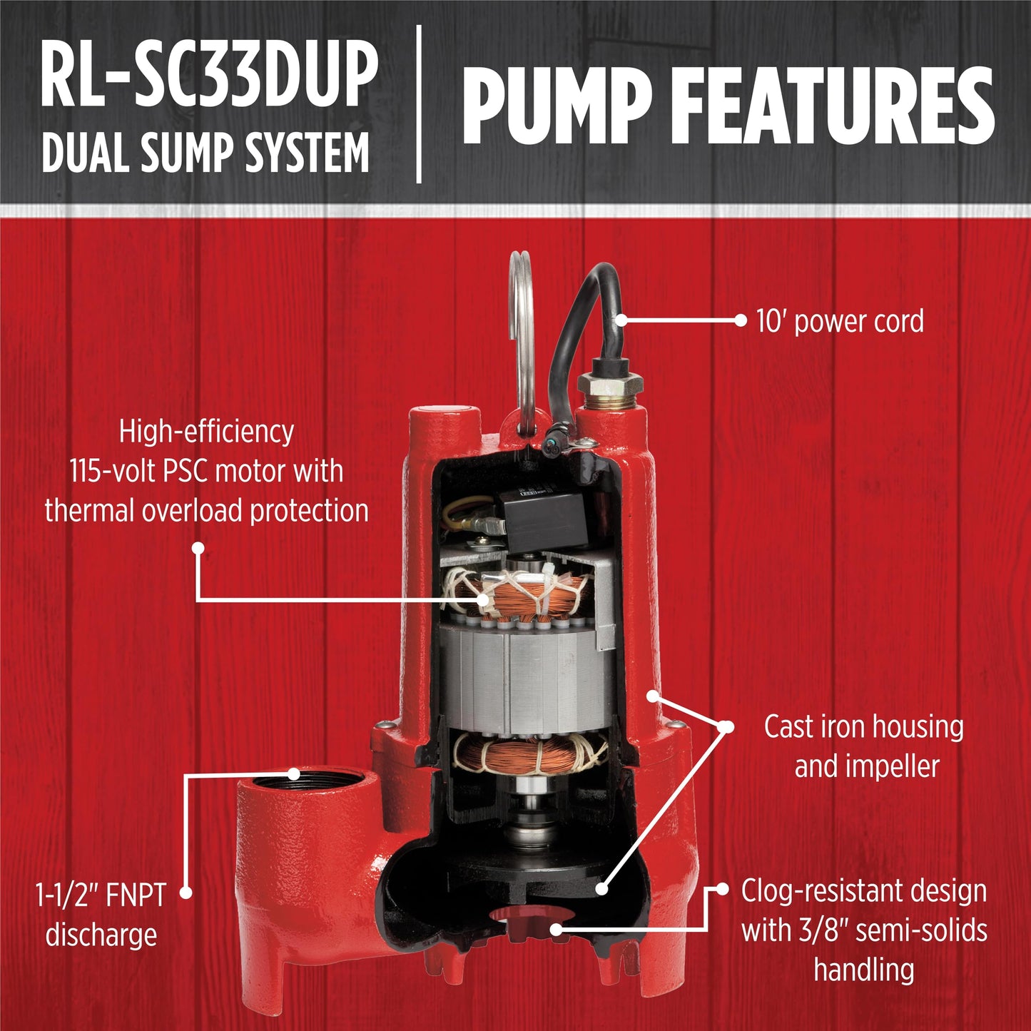 Red Lion RL-SC33DUP 115 Volt, 1/3 HP, 6000 GPH Dual Automatic Cast Iron Sump Pump System with 10-Foot Cord, Red, 14942771
