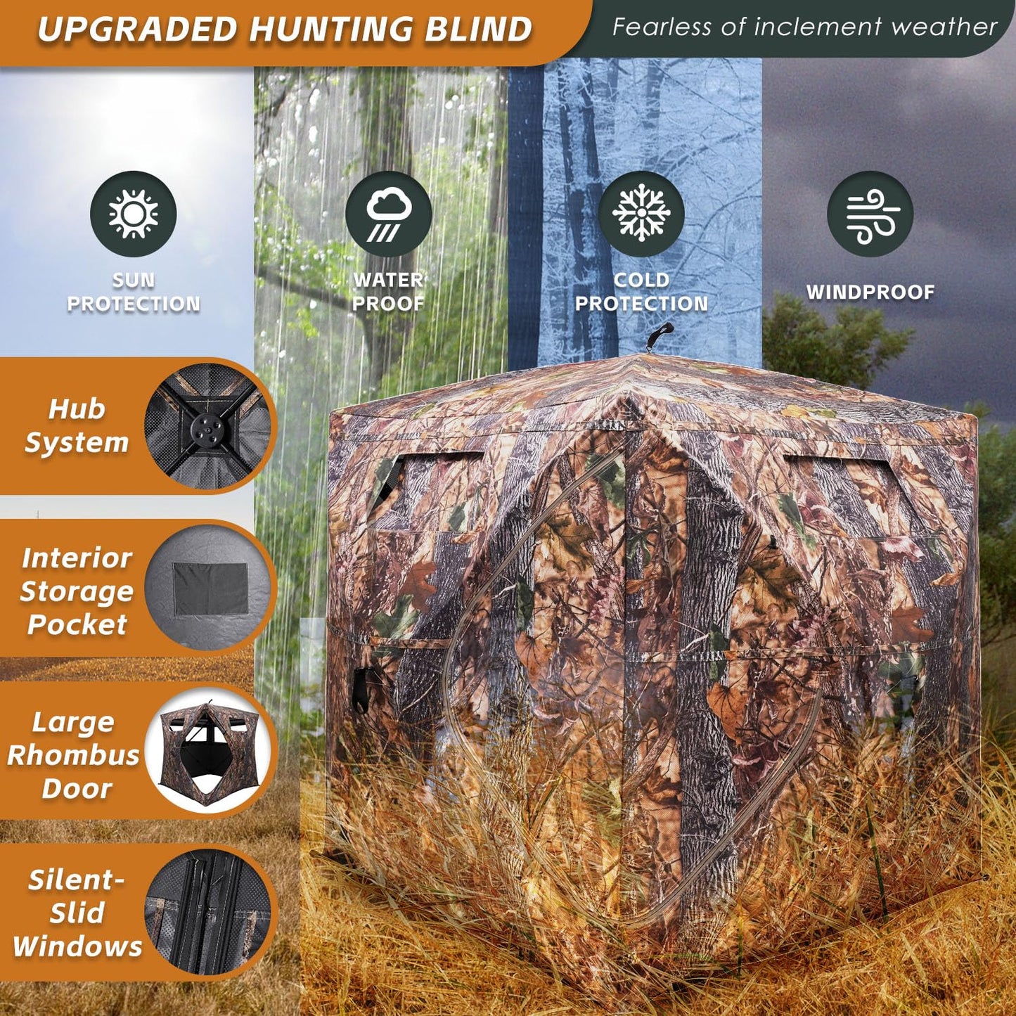 FUNHORUN Hunting Blind with Floor Mat, 360 Degree See Through Ground Blind with Carrying Bag, 3/4 Person Pop Up Camouflage Tent Portable Rhombus Door Concealed Shelter