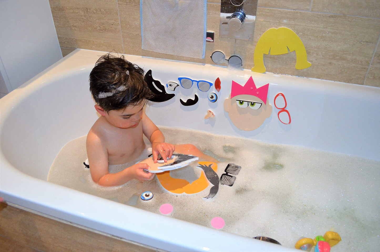 Buddy & Barney: Silly Faces Bath Time Stickers - 36 Reusable Foam Stickers & Mesh Storage Bag, Mix & Match, Fun Tub & Water Toy, Toddlers & Kids Age 3+