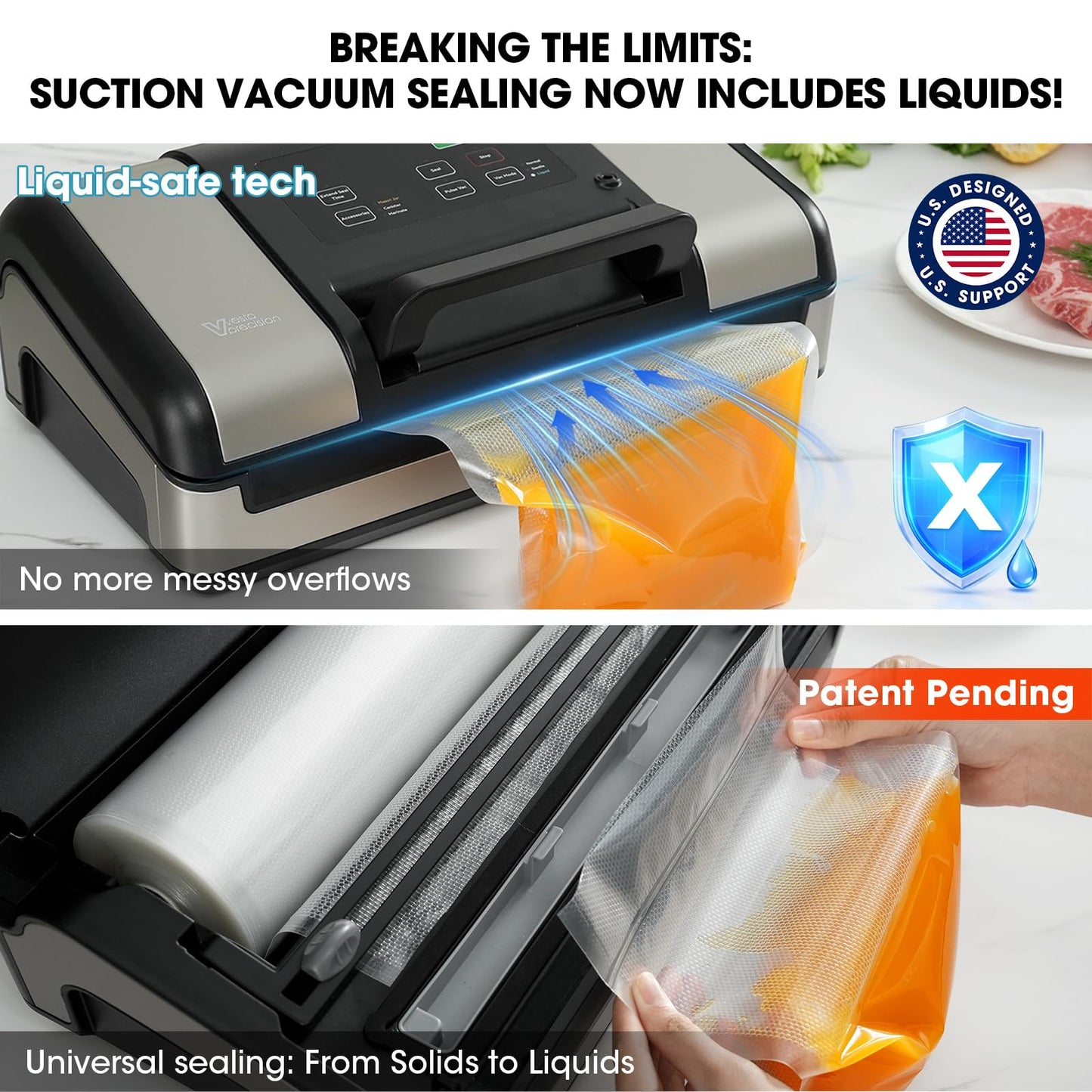 Vesta Precision 12" Vacuum Sealer Machine for Liquid & Moist Foods, Smart Heat Sealing Prevents Bag Melting, Built-in Cutter & Roll Storage Fits 2X20’ or 1X50' Rolls, Mason Jar Kit, Sous Vide, V23