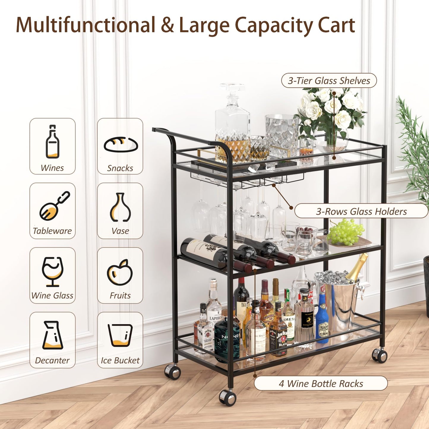 Alihdrna Black Bar Cart, Home Bar Serving Cart with Handle, Wine Cart with 3-Tier Glass Shelves, Beverage Cart with Wine Rack and Glass Holder, Bar Carts for The Home, Dining Room, Living Room