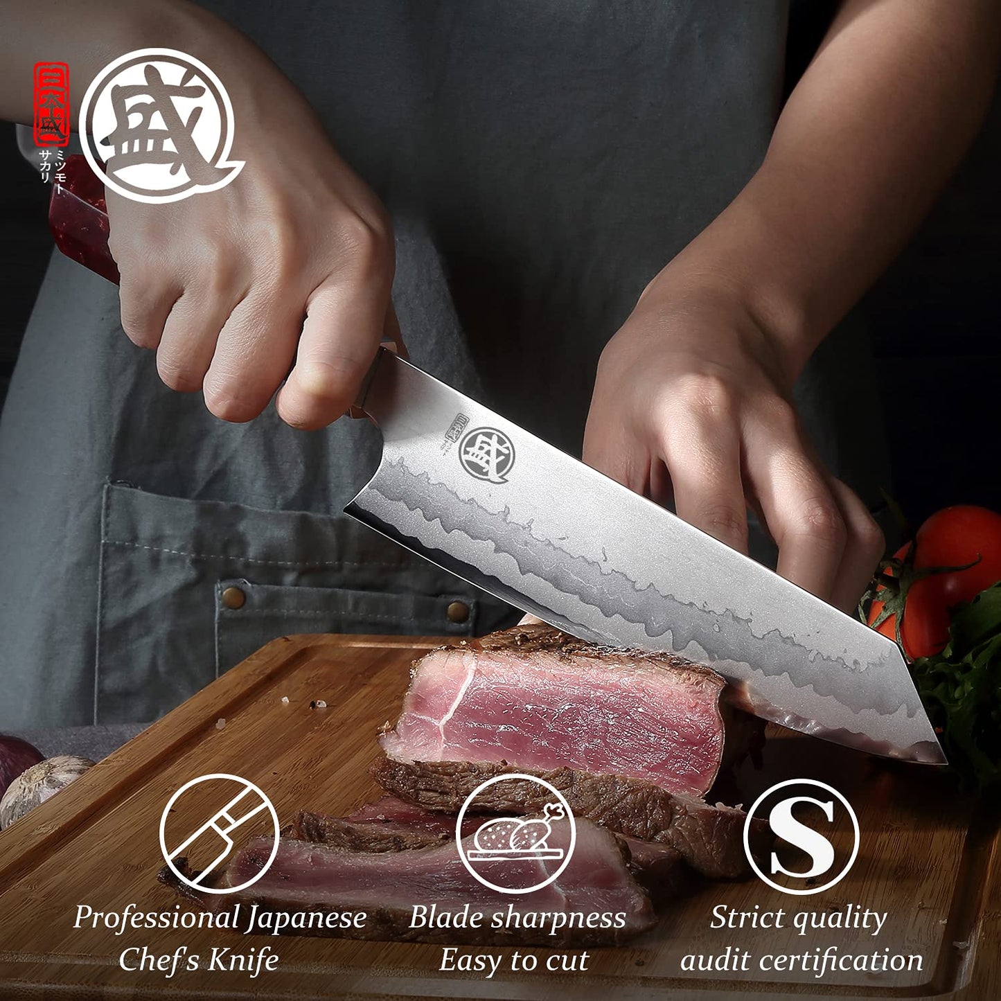 MITSUMOTO SAKARI 8 inch Japanese Kiritsuke Knife - Hand Forged 440C Damascus Steel, Professional Kitchen Chef Knives with White Pomegranate Handle & Sandalwood Box