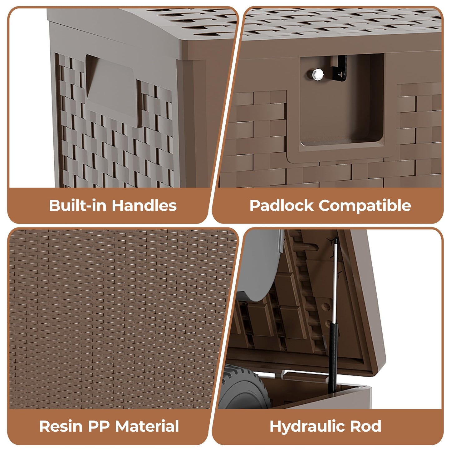 99 gal Brown Resin Deck Box, Outdoor Storage Box Waterproof Lockable, Patio Deck Box For Package Delivery, Outside Storage Box Container for Furniture Cushions, Garden Tools, Pool Accessories