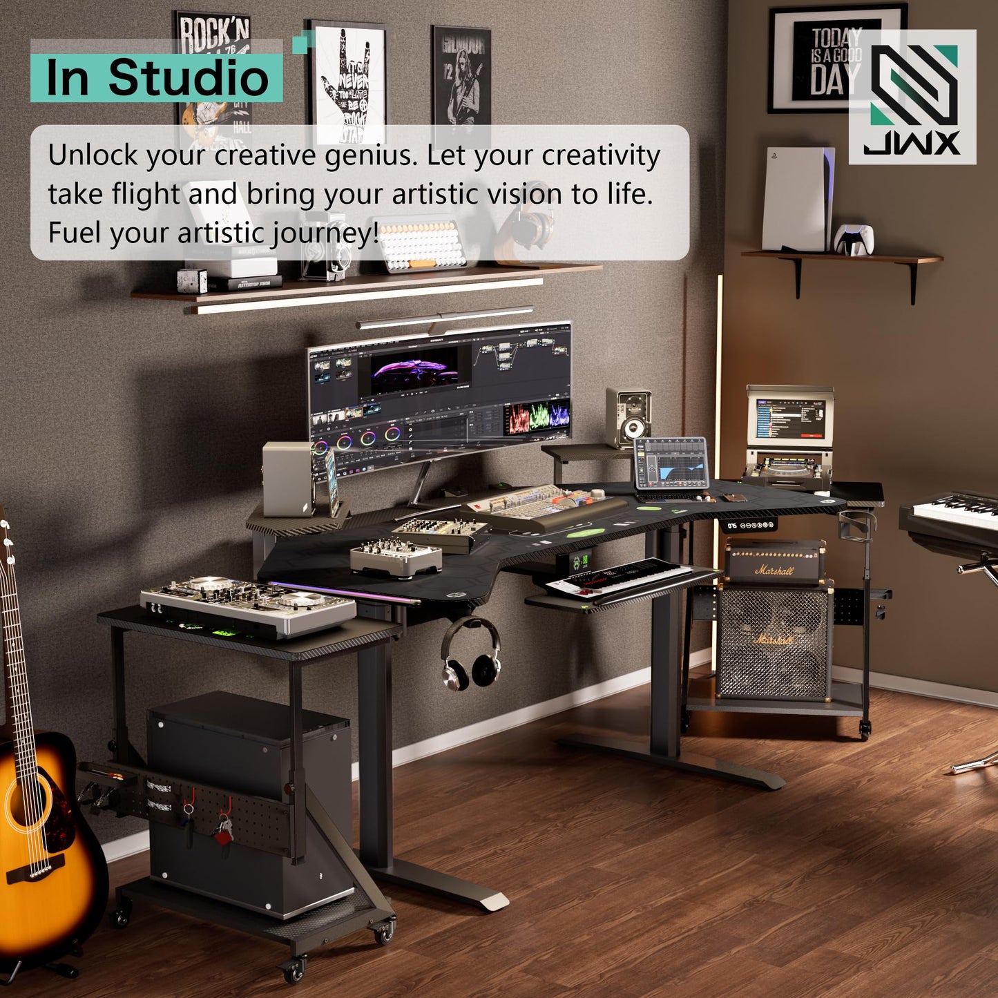 JWX Dual Motor Standing Gaming Desk with Aluminum Alloy Led Lights, 72'' Wing Shaped Large Gaming Studio Music Desk with Slot Design Shelves, for Streamer, Social Media Influencer & Music Recording