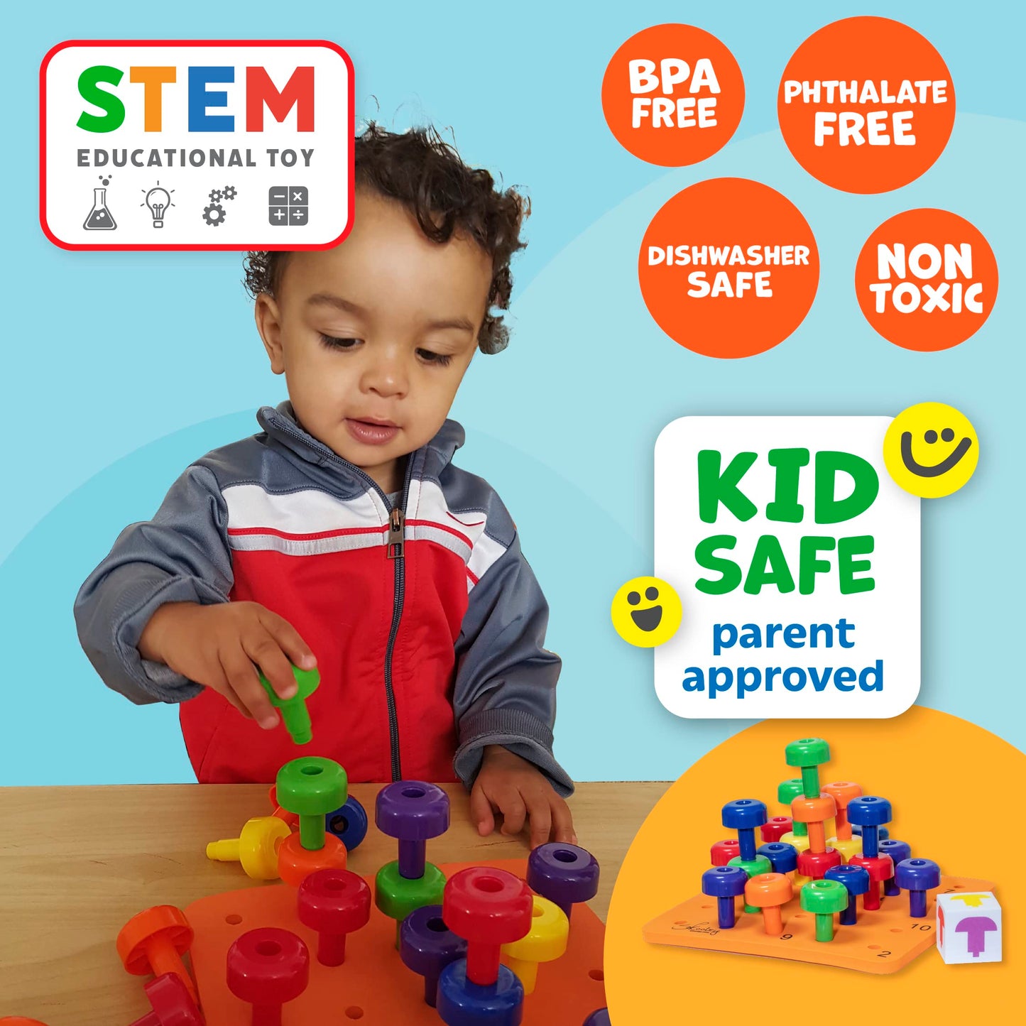Skoolzy Montessori Sensory Pegboard 33 Piece Set - Develop Sensory Play Occupational Therapy STEM Learning Educational Toys for Kids 2+ - Includes Foam Board, Lacing String, Dice, Storage Bag, eBook