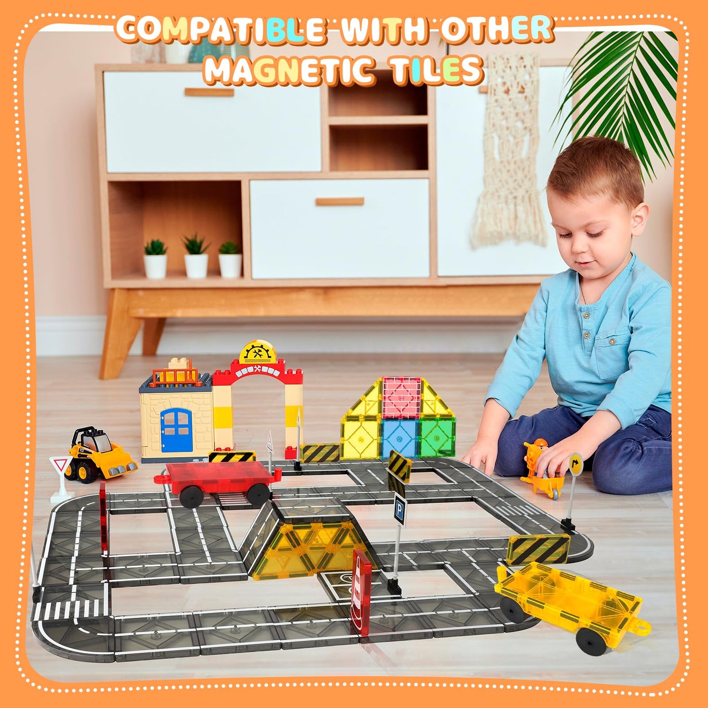 Magnetic Tiles Building Blocks for 3 4 5 6 7 8+ Years Old Boys Girls Colorful Magnet Stacking Toys Birthday Gift for Toddlers STEM Preschool Educational Construction Tiles Set (Magnetic Road)