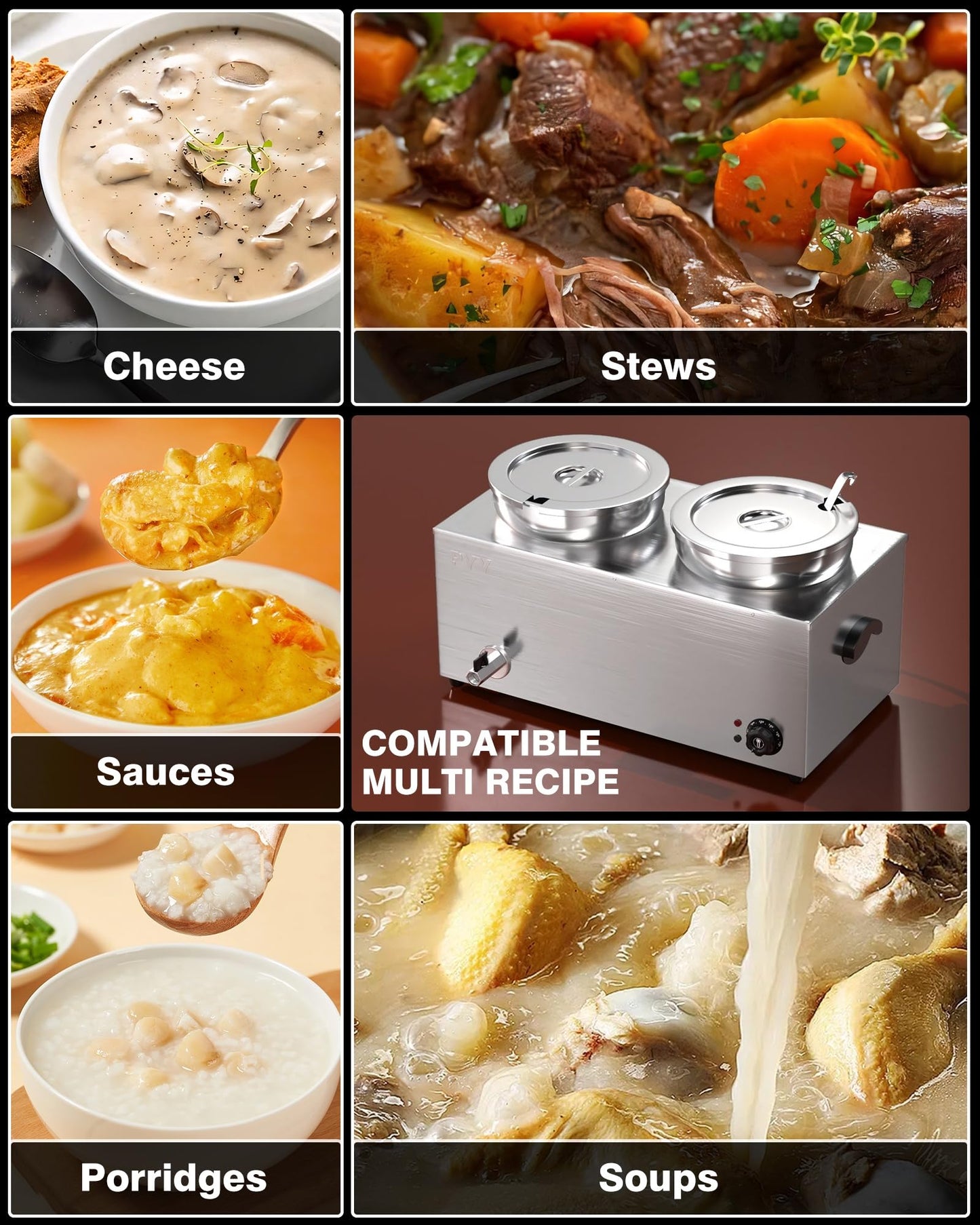 PYY Soup Warmer Commercial - Two 7.4QT Stainless Steel Bain Marie Round Pot 86~185°F Adjustable Temp, 1500W Electric Soup Warmer Countertop with Anti-Dry Burn and Reset Button for Restaurant, Buffet