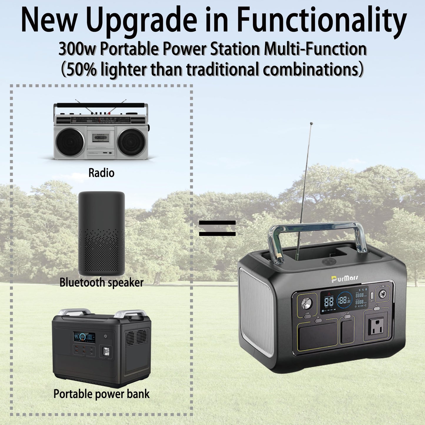 PurMars 300W Portable Power Station (Peak 500W) with Bluetooth Speaker & FM Radio,288Wh Solar Generator,110V AC Outlet,LiFePO4 Power Bank-Portable Power Station for Camping,Solar Power Bank for Home