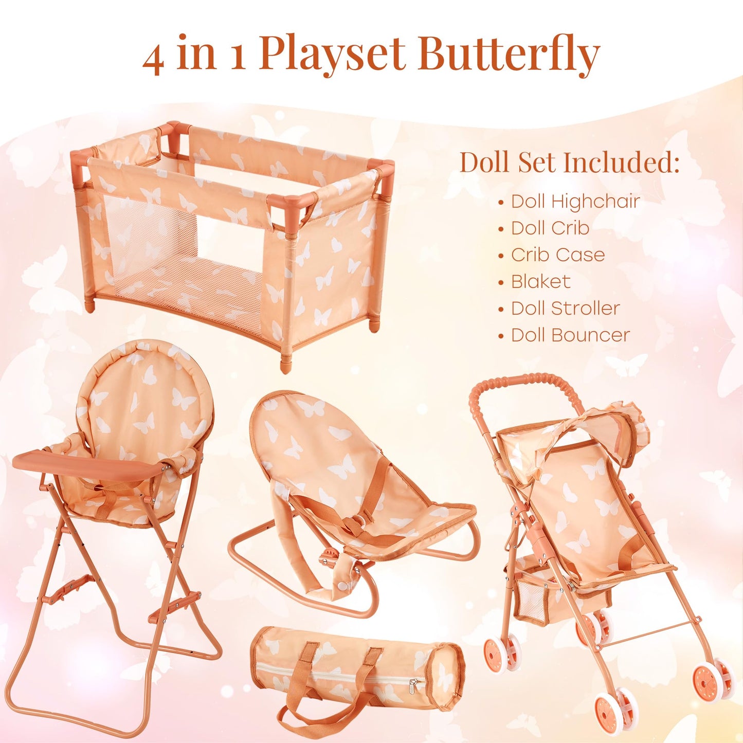 4-in-1 Baby Doll Stroller Set with Butterfly Design – Includes Toy Stroller, Crib, Bouncer & High Chair – Doll Accessories & Baby Doll Furniture Set for Toddlers 3-4 Years – Fits Dolls up to 18 Inches