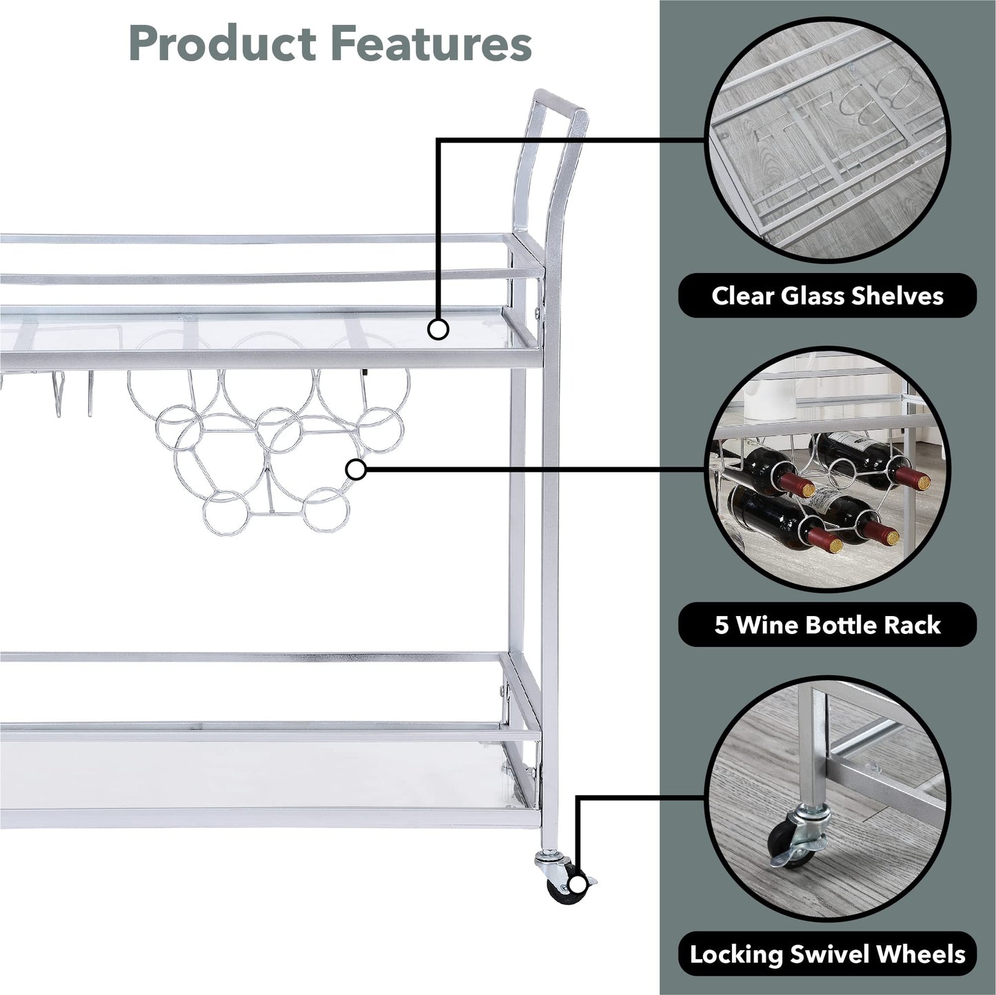 FirsTime & Co. Silver Delilah Bar Cart, 2 Tier Mobile Mini Bar, Kitchen Serving Cart and Coffee Station with Storage for Wine and Glasses, Metal and Glass, Modern