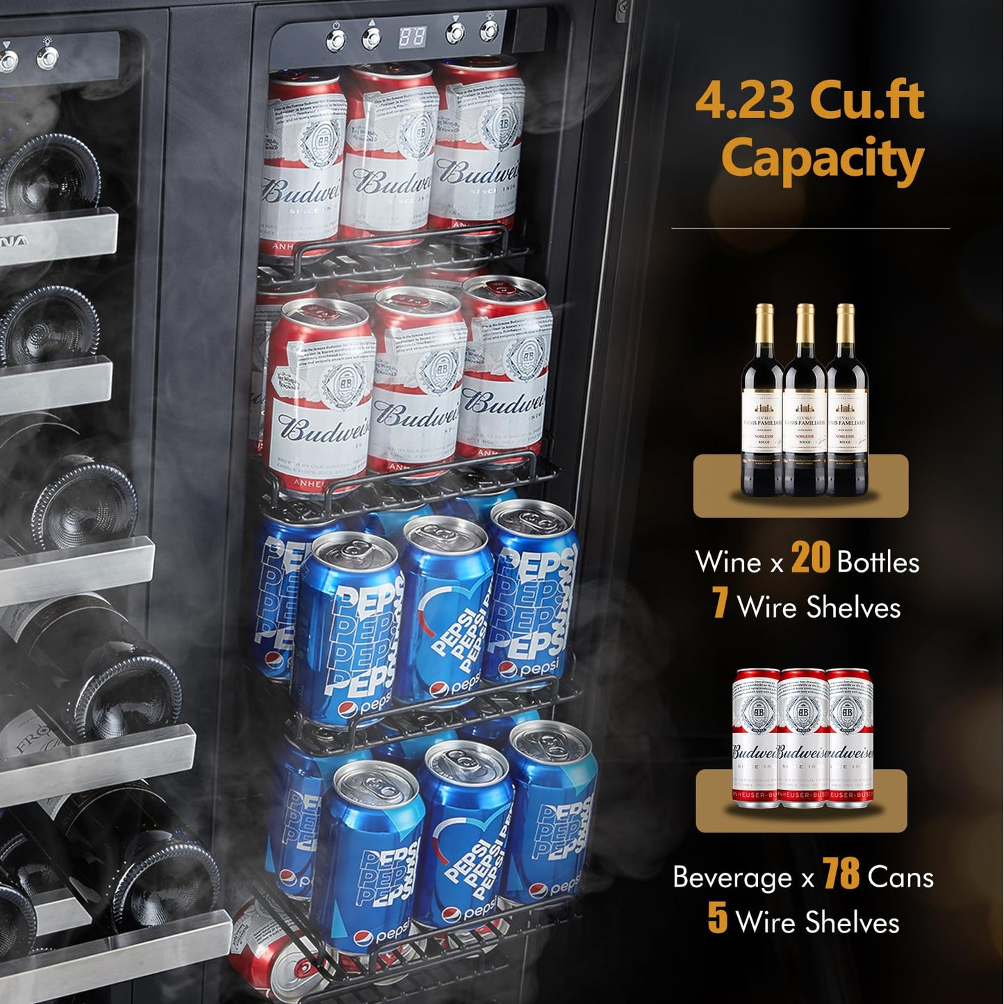 Phiestina Wine and Beverage Refrigerator, 24’’ Wine Cooler- 20 Bottles&78 Cans, Built-in/Freestanding Dual Zone Wine Fridge with Glass Door, Removable Shelves for Home/Bar/Office
