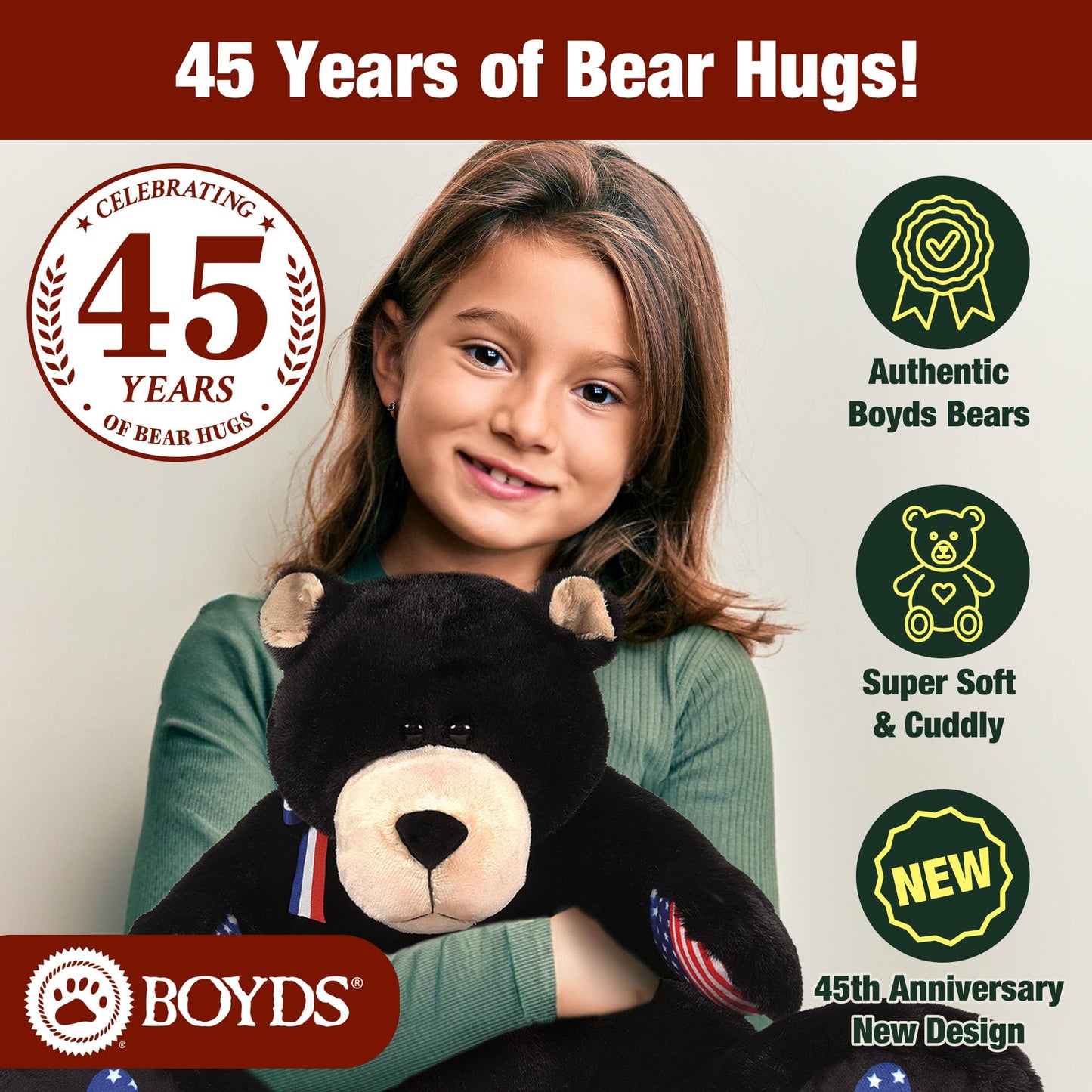 Enesco Boyds Bears 45th Anniversary Bubba Bearsevelt Plush Teddy Bear Stuffed Animals, Collectible Premium Soft Teddy Bear Plushies for Ages 1+ and Up, Patriotic Black Bear with USA Flag, 14 Inch