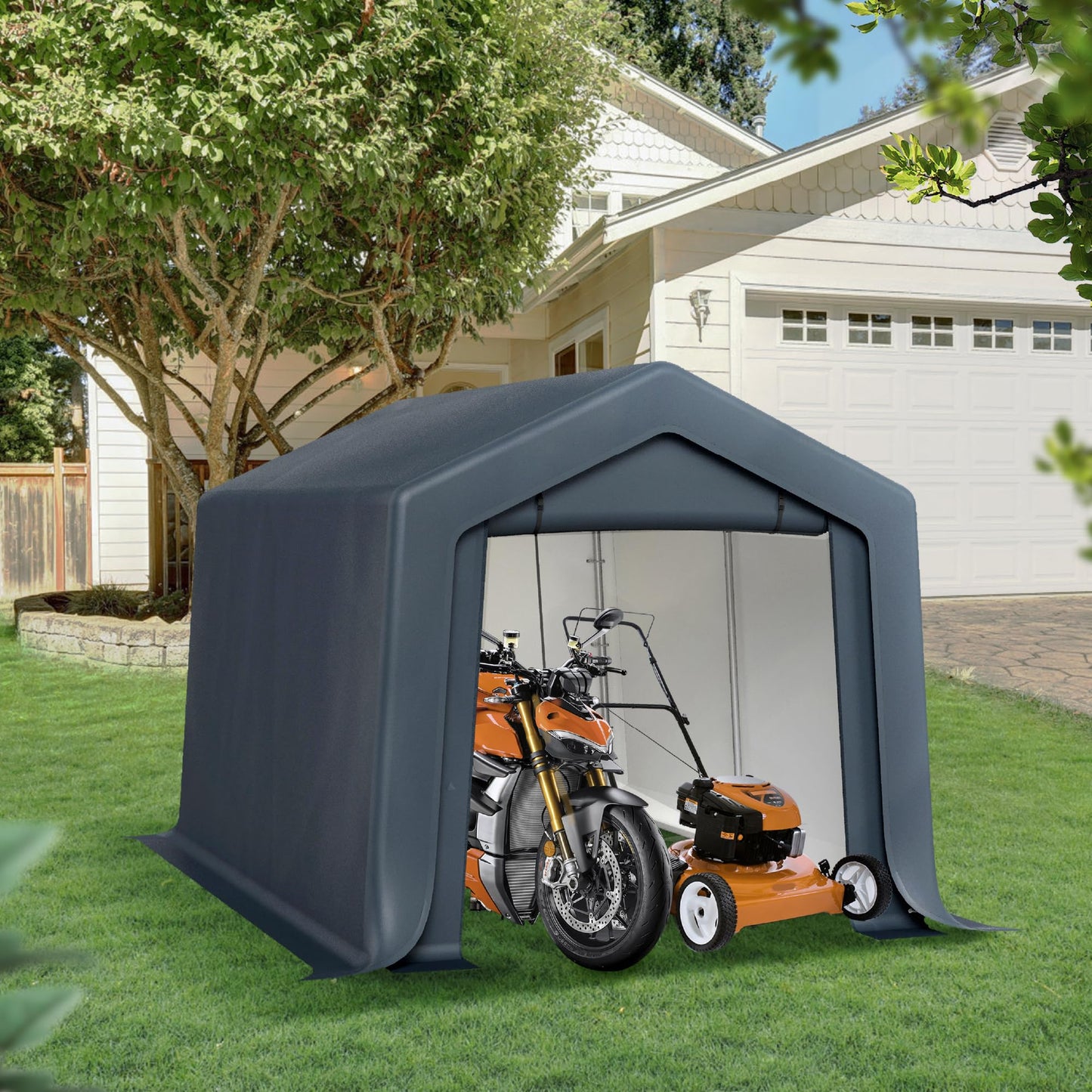 Sophia & William Outdoor Storage Shed Carport 8x12 ft Heavy Duty, Portable Garden Yard Car Port Shelter Storage Tent Garage with Roll Up Doors and Ventilation, Grey