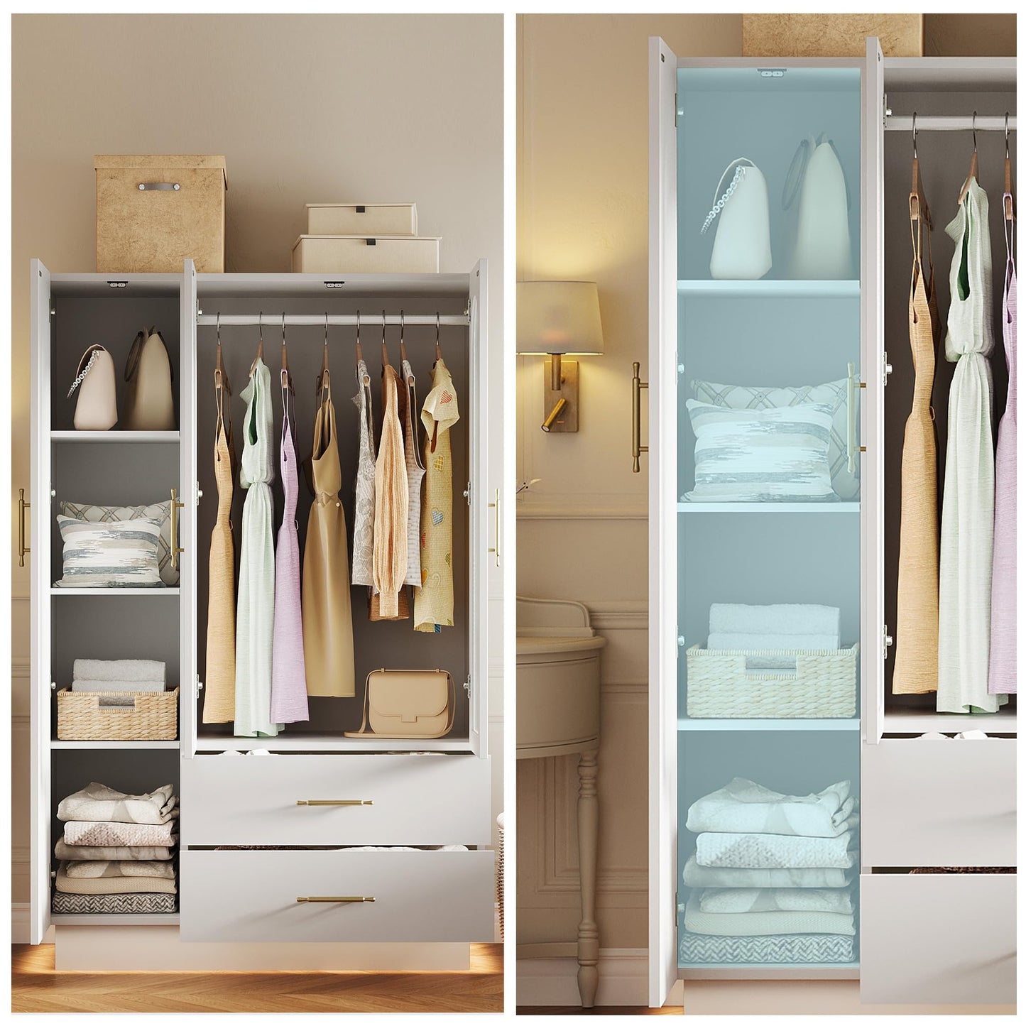 GarveeHome Bedroom Armoire Wardrobe Closet with 3 Doors & 2 Drawers, 71" Tall Wooden Large Armoire Storage Cabinet with Modern Fluted Glass & Shelves, w/Hanging Rod, Sturdy Frame, for Bedroom, White