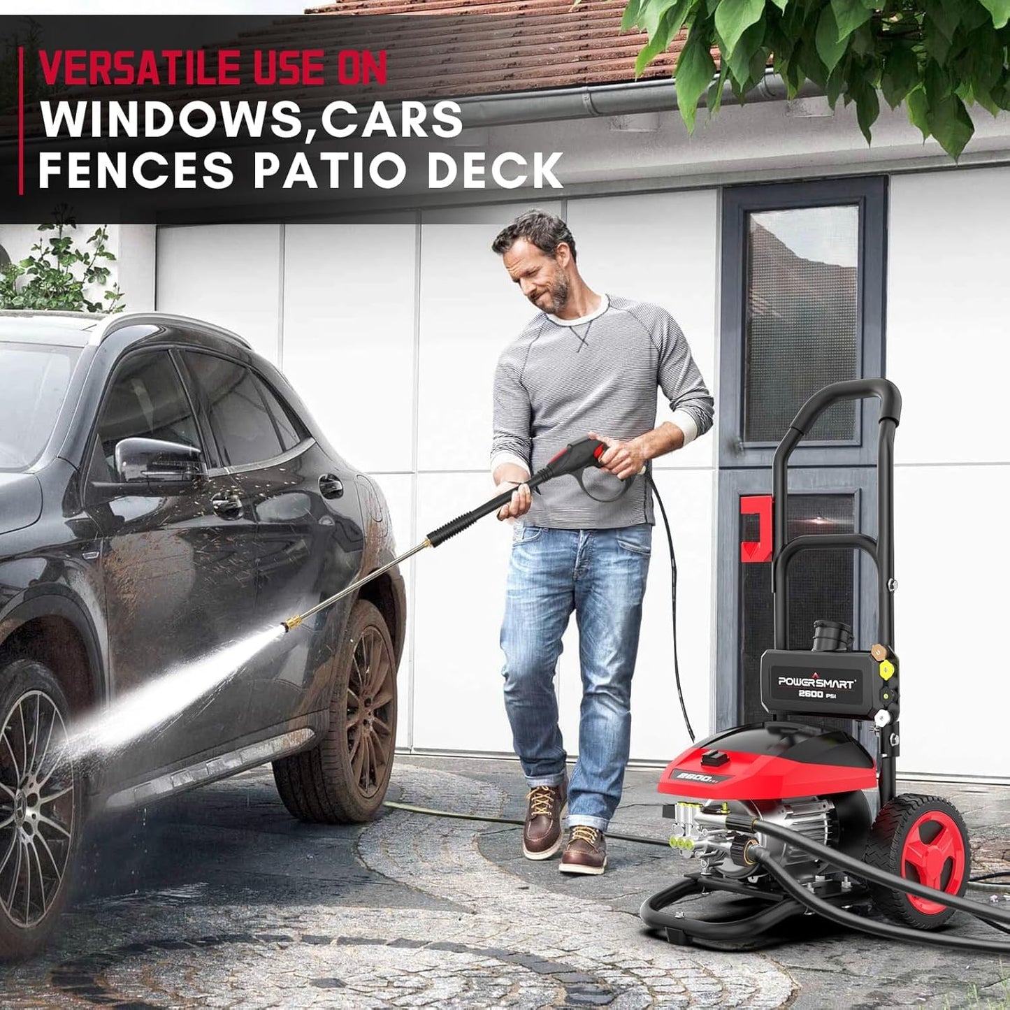 PowerSmart max 2600 PSI Electric Pressure Washer, 2.0 GPM 1600W with 27FT Hose, 35FT Power Cord, 5 Nozzles, and 1500ml Foam Cannon for Car, Patio, and Fence Cleaning