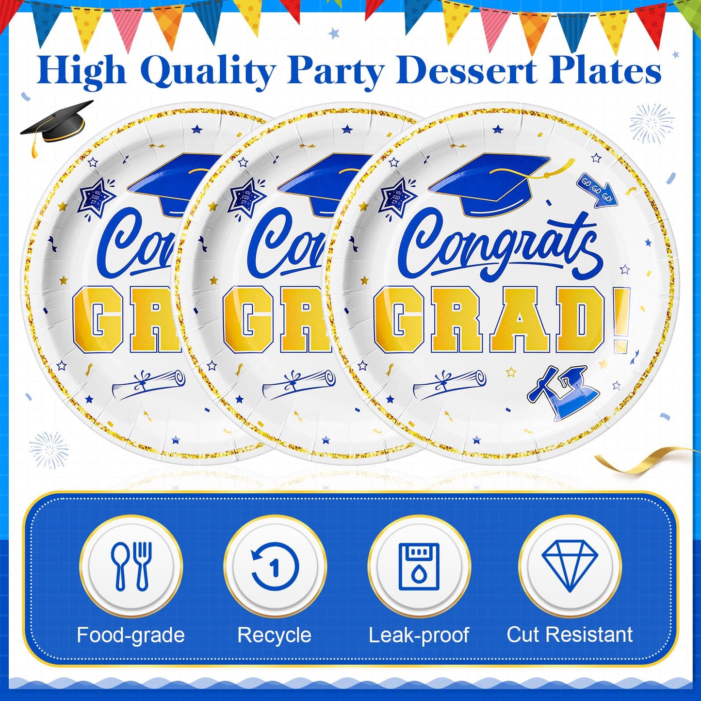 Sabary Blue White Gold 100 Pcs Graduation Paper Plates 2026 9 Inch Graduation Party Supplies Class of 2026 Decorations Congrats Grad Plates Disposable Plate Tableware (Classic)
