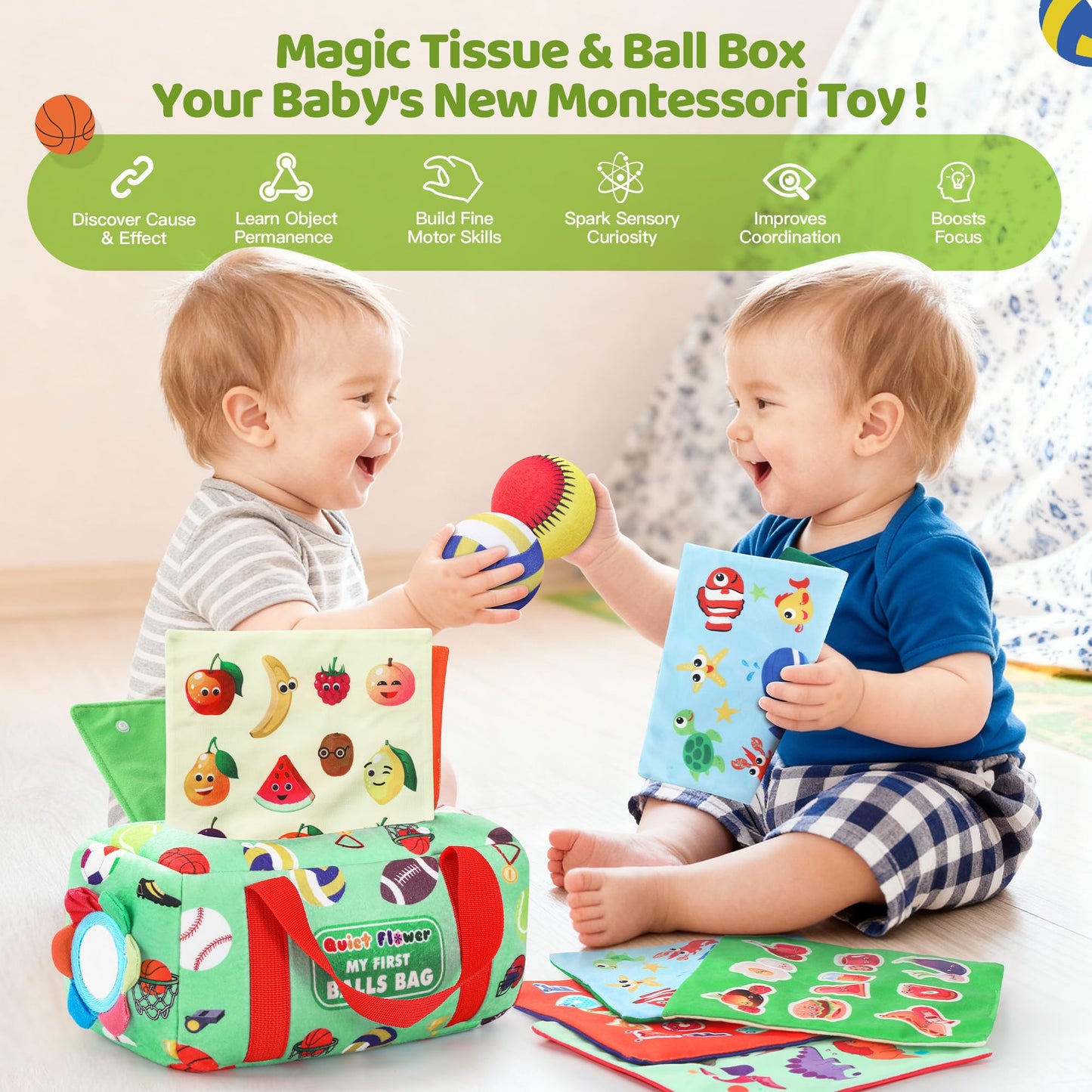 My First Sports Bag 6-12 Months Baby Tissue Box Toy, 17pcs Montessori Sensory Set: Plush Ball, Crinkle Paper, Scarves & Mirror, Squeaky Fine Motor 1 Year Old Infant Toddler Gifts Easter Basket Stuffer