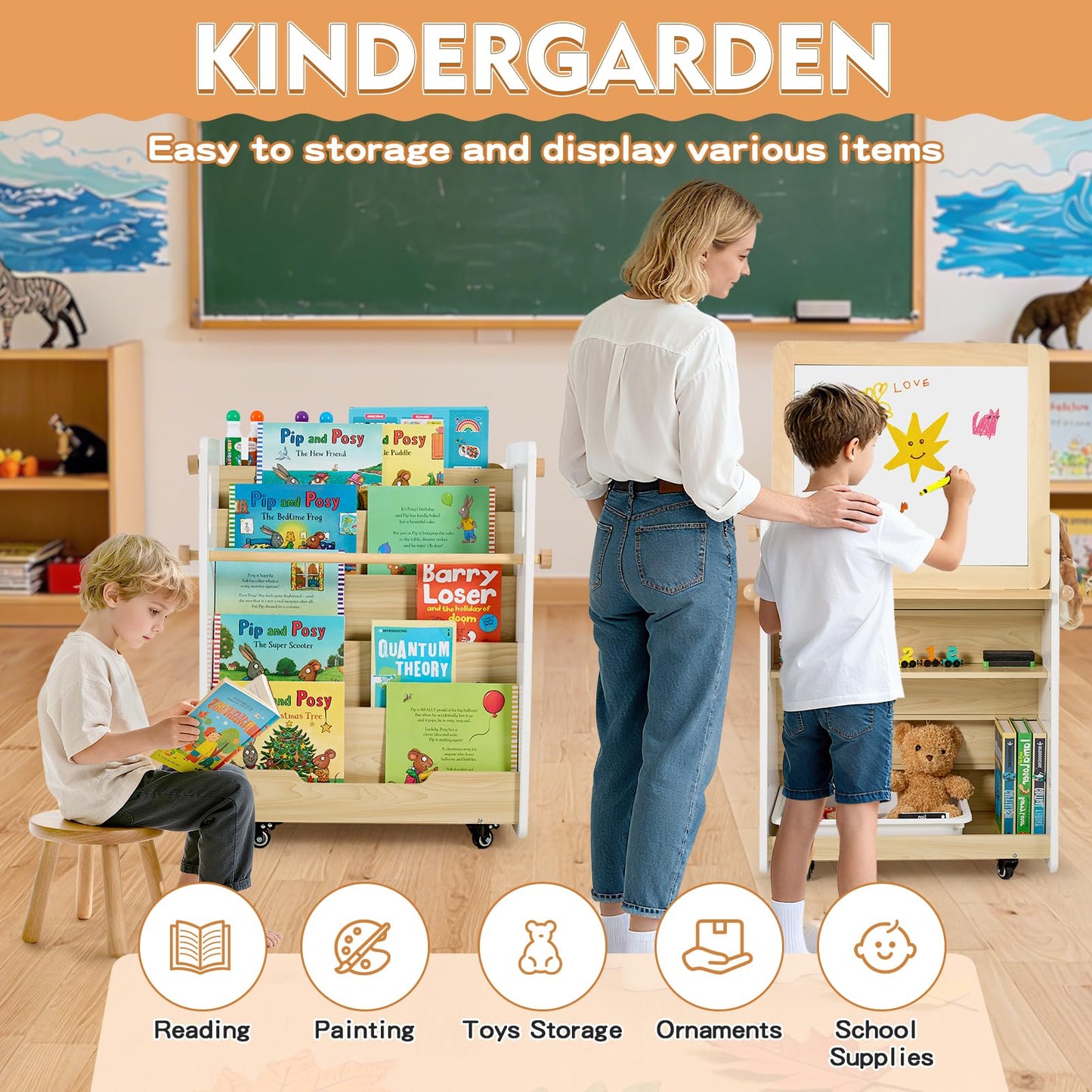 Kids Bookshelf & Easel & Toys Storage Organizer with Wheels, 3-in-1 Wooden Art Easels with Chalkboard & Whiteboard for Toddlers, 5-Tier Montessori Book Shelf for Kids Rooms, Bedroom, Nursery, Playroom