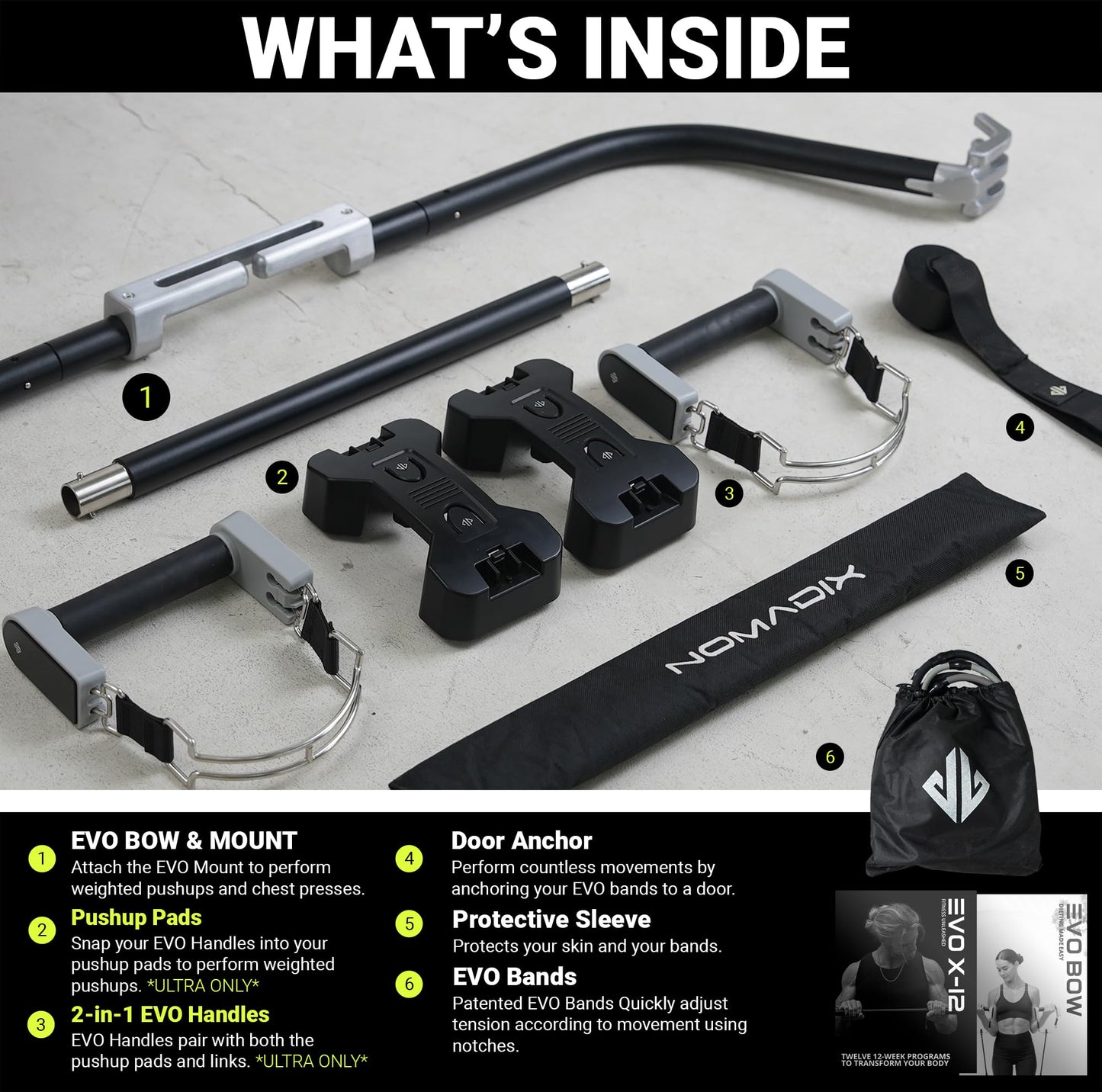EVO Bow - All in One Portable Home Gym System with Weighted Pushups | Compact Strength Training and Exercise Equipment for Travel with Notched Resistance Bands for Full Body Training | 300lbs (Ultra)