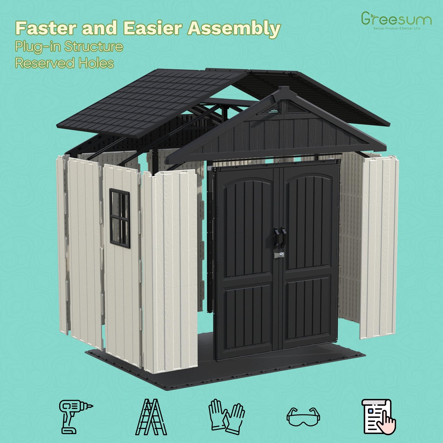 Greesum 8×6 FT Plastic Outdoor Storage Shed with Floor, Resin Sheds with Window and Lockable Door, Weather Resistant Organization, Easy Assemble for Garden, Lawn, Pool Supplies, Beige