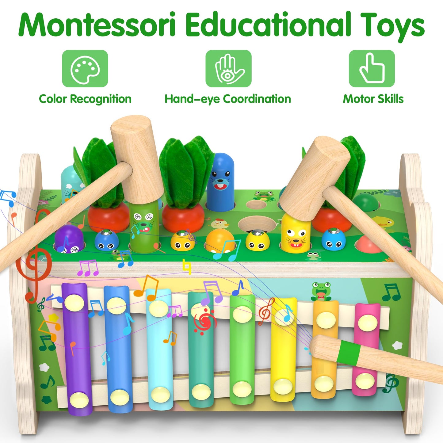 Amtreen 6-IN-1 Wooden Montessori Toys for 1 Year Old, Mole-Tapping Game | Play the Xylophone | Frog Clock | Carrot Harvest Game | Spinning Gear, Toddler Toys Aged 1-4, Baby Toy Gift for Early Learning