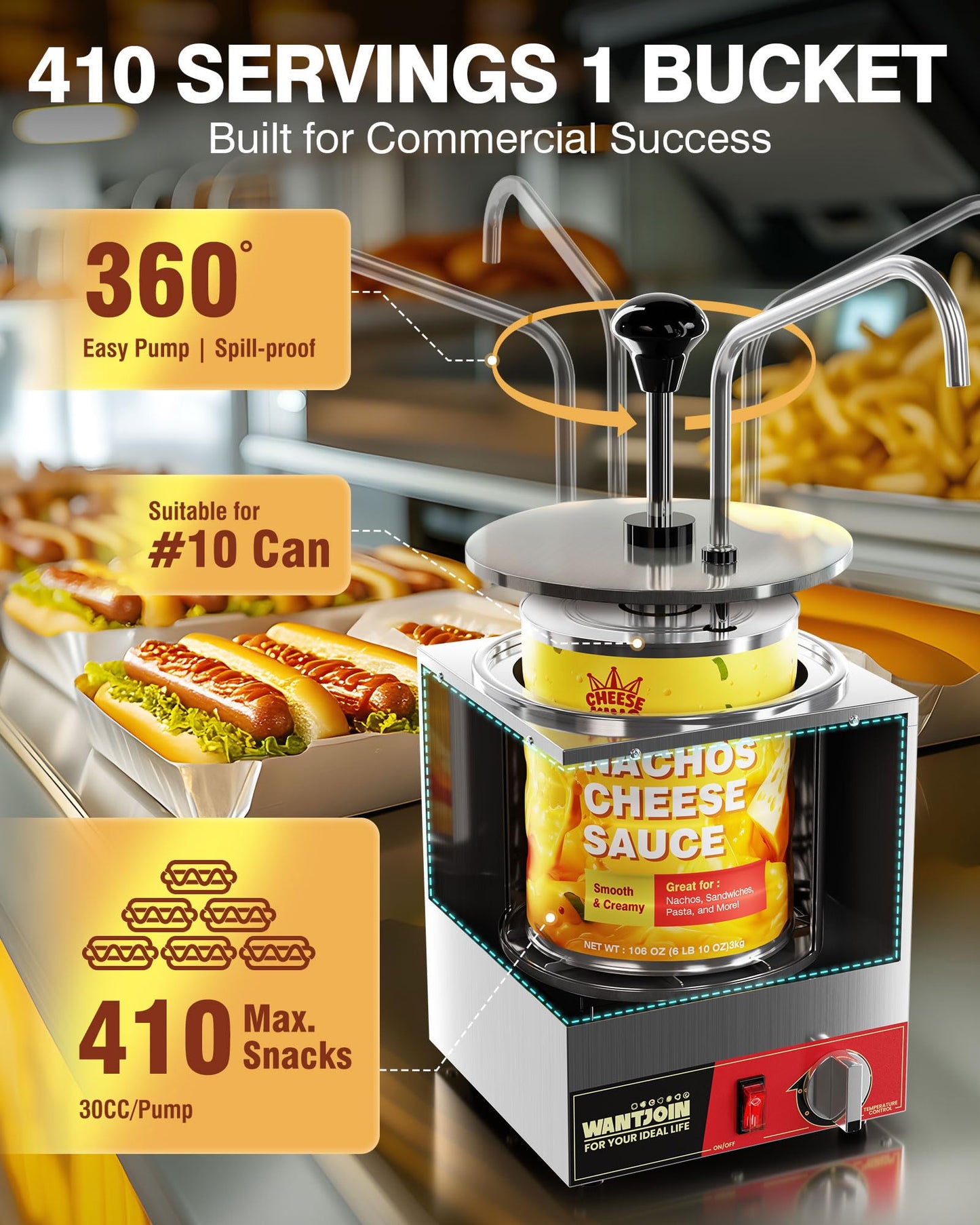 WantJoin Nacho Cheese Dispenser with Pump - 4.6QT Commercial Stainless Steel Warmer with 86-185°F Temperature Control for Hot Fudge, Caramel & Sauces