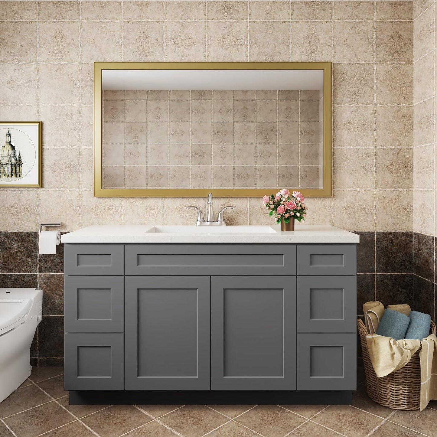 ROOMTEC 60" Assembled Bathroom Vanity Double Drawer Base Cabinet with Soft-Close Door & 6 Drawers, Large Capacity Single Sink for Laundry, Kitchen, Shower & Utility Rooms
