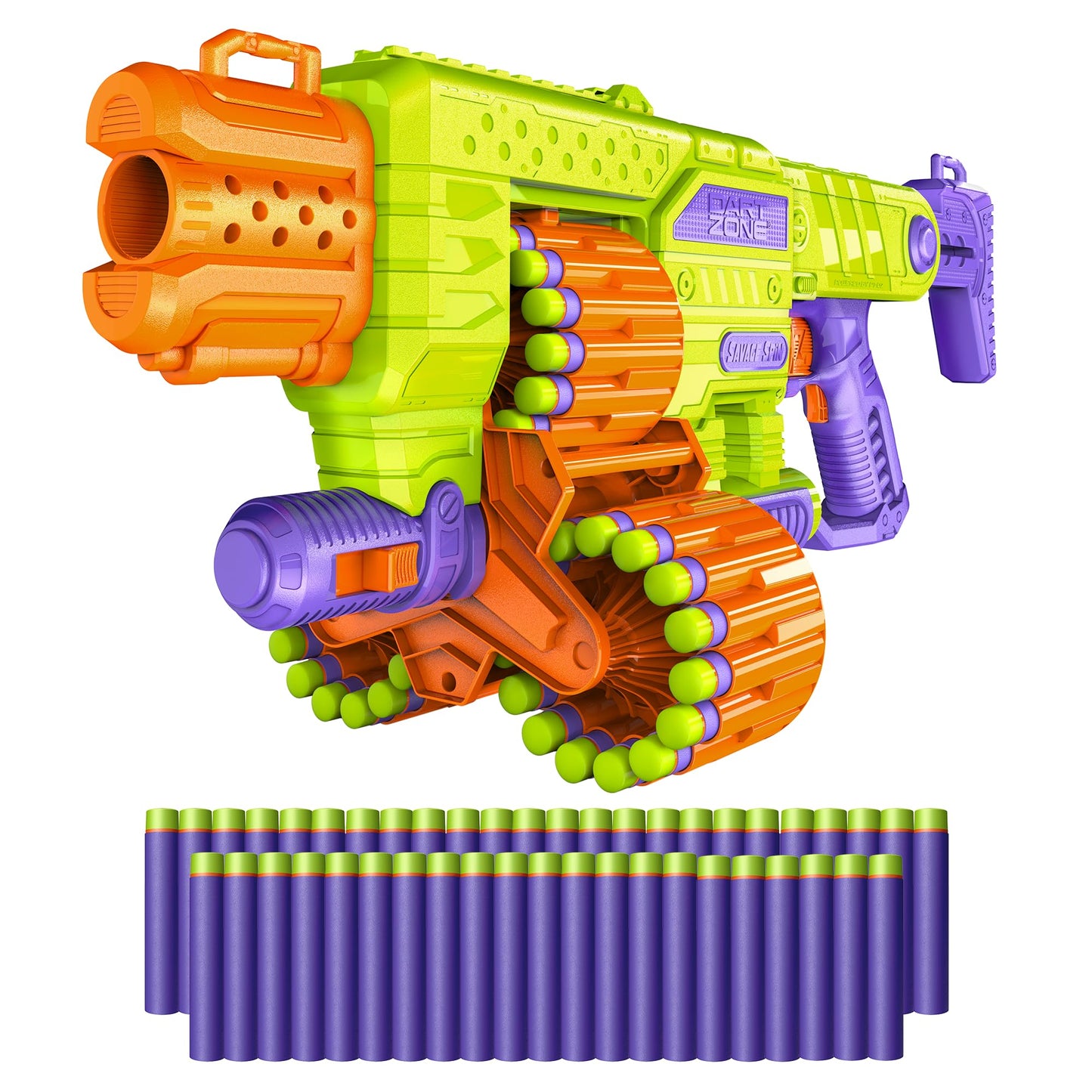 DART ZONE Savage Spin Semi-Auto Foam Dart Blaster – 45-Dart Triple-Drum Motorized Foam Dart Gun – NERF Dart Compatible Soft Bullet Toy Gun for Kids w. 90 Darts – AKA Adventure Force Gun – 80 ft Range