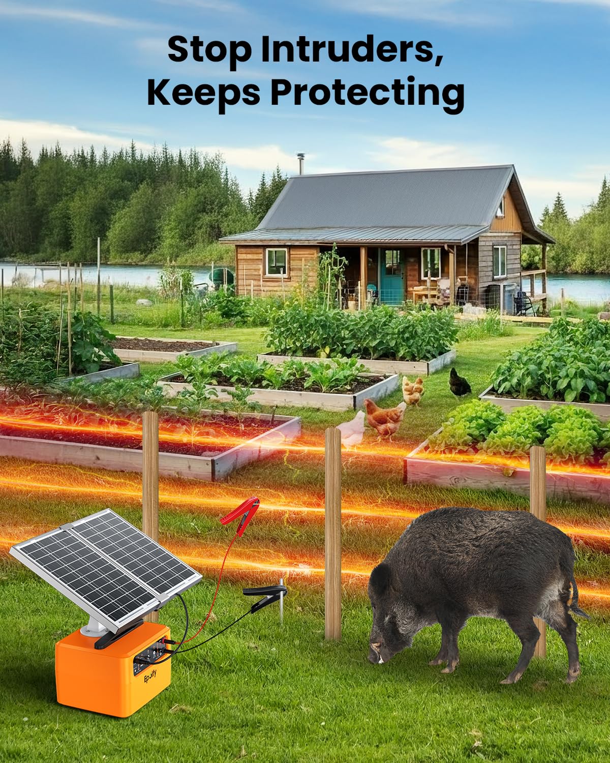 30-Mile Solar Electric Fence Charger for Livestock Safety, 0.3-1.5 Joules Adjustable Energizer with 12000mAh Battery, 24/7 Solar Fence Charger with Smart Voltage Display for Raccoon, Deer Control