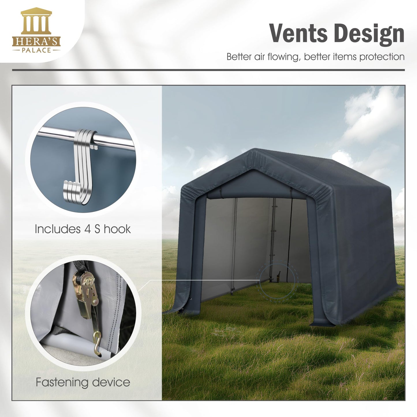 HERA'S PALACE 8x12ft Heavy Duty Carport Motorcycle Storage Shed Small Outdoor Anti-Snow Portable Canopy Shelter with 2 Doors Garage Tent for Garden Tools Bike