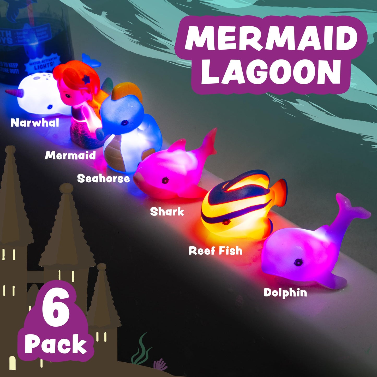 Tub Works® Mermaid Lagoon™ Light Up Bath Toys, 6 Pack | Water-Activated Light Up Toys Flash & Change Color | Easy-Grip Baby Girl & Toddler Bath Toys | Sensory Mermaid Toy Bathtub Toys with Bath Lights