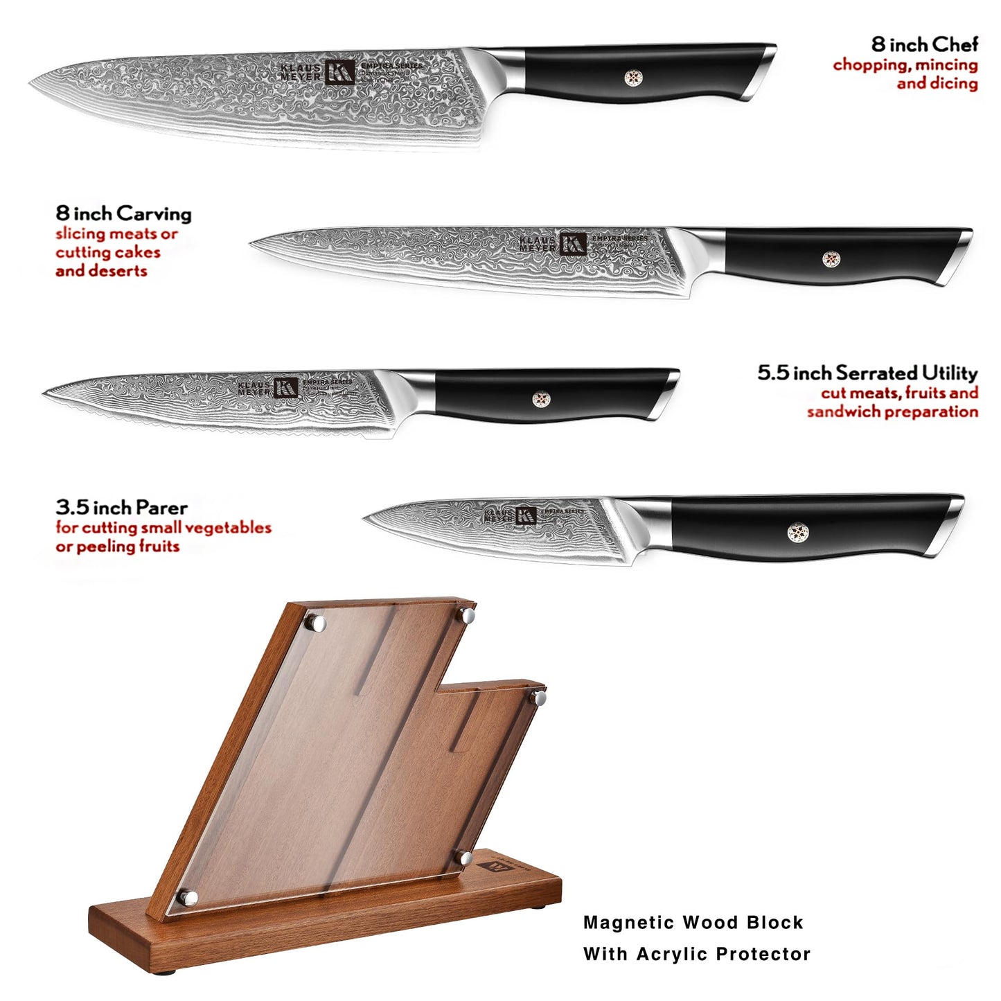 Klaus Meyer 5 Piece Damascus Knife Block Set, 67-Layer High Carbon Damascus Steel, Ultra-Sharp Kitchen Knife Set with Magnetic Wooden Block
