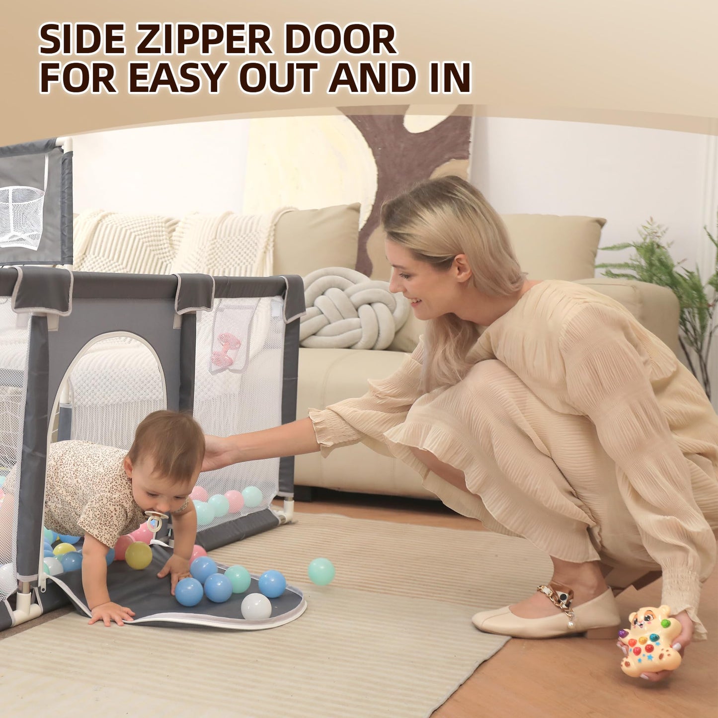 Playpen for Babies and Toddlers,73"x71"Baby Playpen with Mat Indoor＆Outdoor with Breathable Play Pen with Ocean Balls Hanging Pocket Basketball Hoop and Football Goal (Grey with Mat, 73"x71")