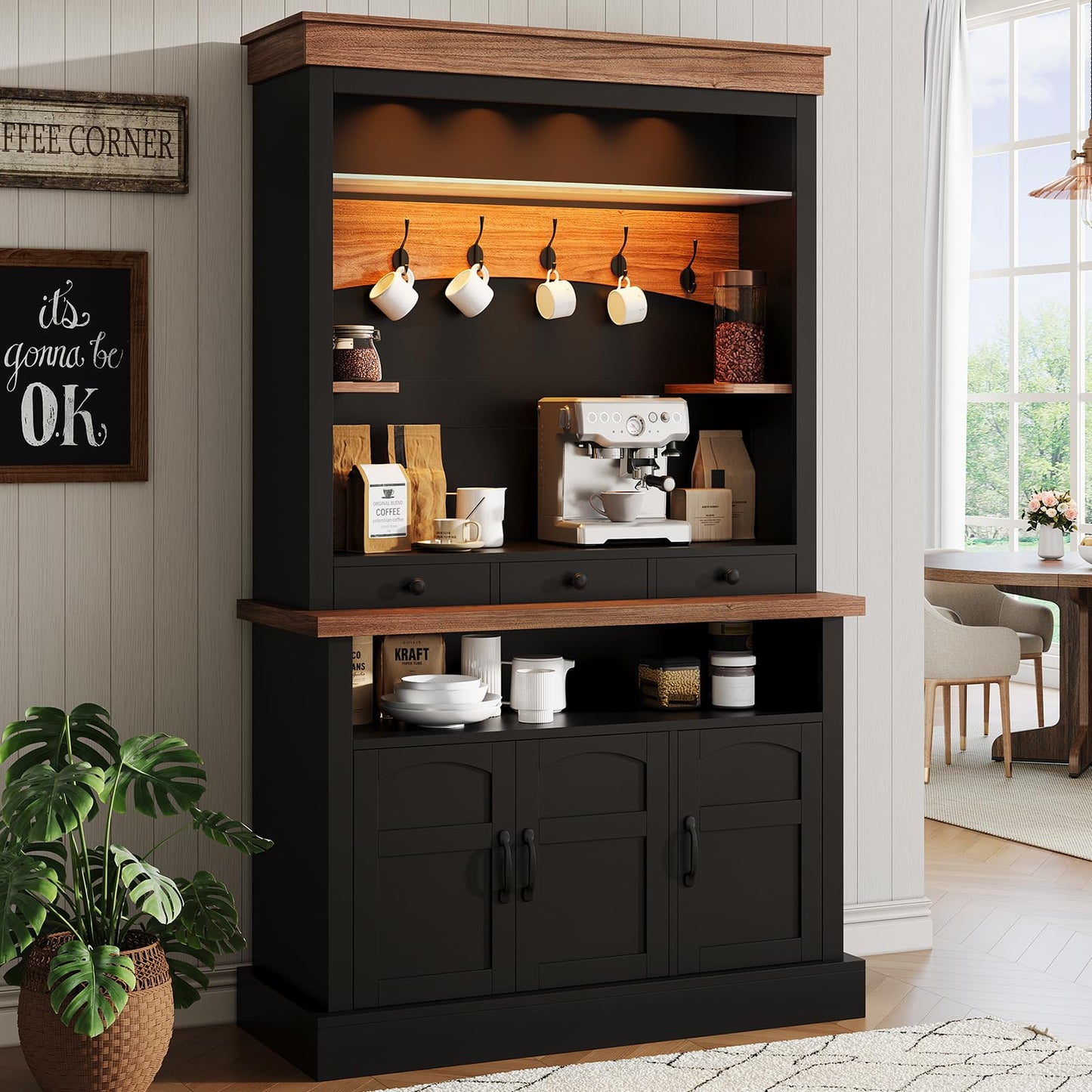 Coffee Bar Cabinet with LED Light, 72 in Tall Farmhouse Coffee Bar Hutch with Storage, Sideboard Buffet Cabinet with Microwave Stand/Glass Shelf/6 Hooks/3 Drawers for Kitchen Living Dining Room, Black