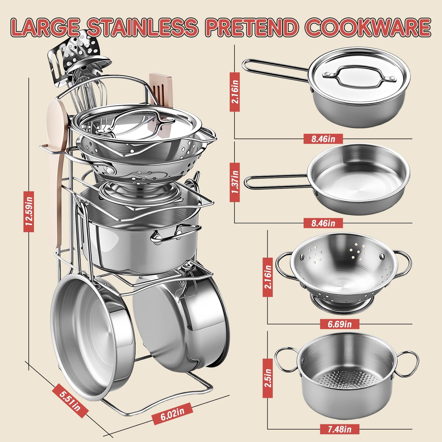 Play Kitchen Accessories, Large Stainless Steel Toddler Cooking Set, Kids Kitchen Playset with Cutting Play Food, Condiments, Chef Apron & Hat, Service Bell, Toy Food with 2 Baskets, Boys Girls Gifts.