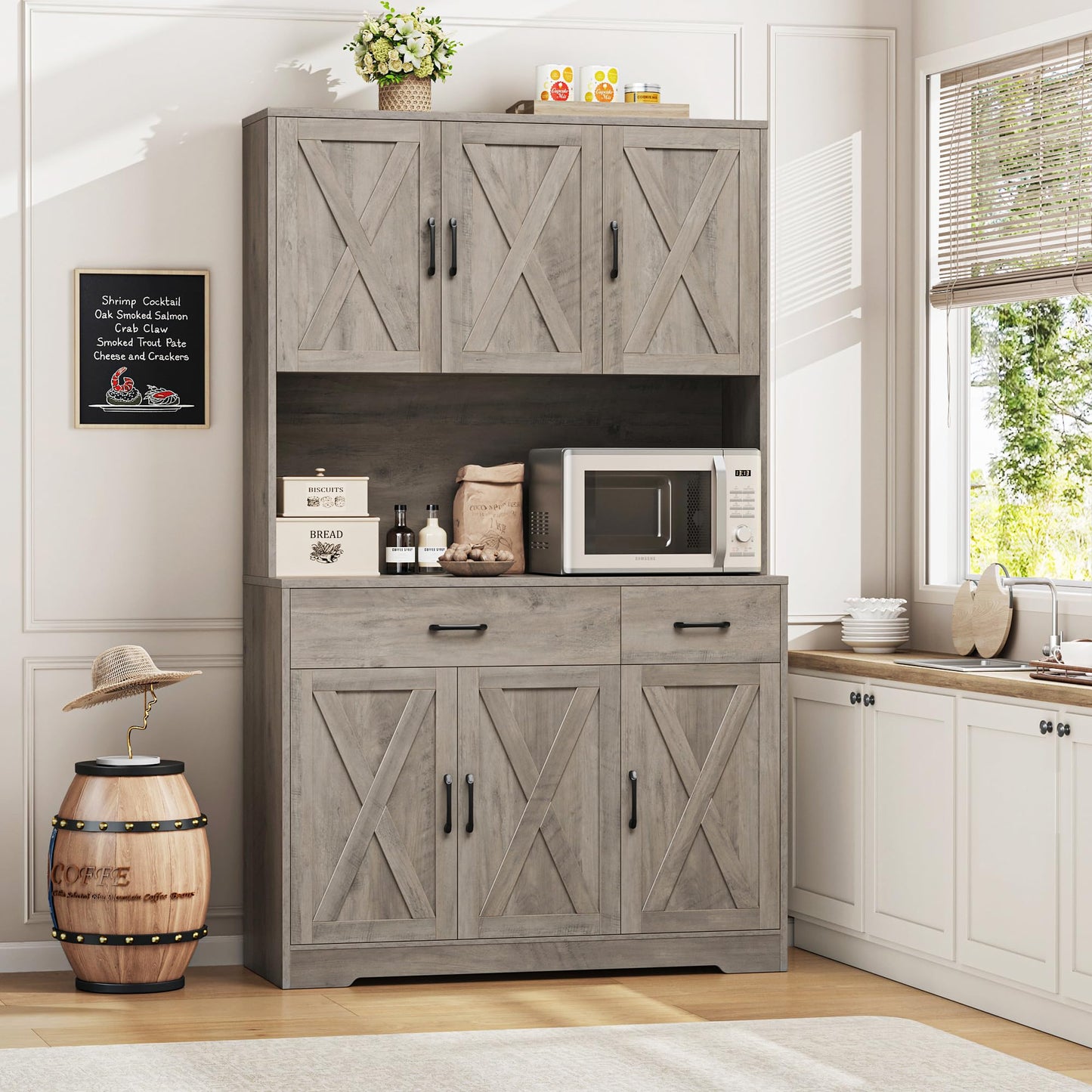HOSTACK 71" Pantry Cabinet with Charging Station, Tall Kitchen Pantry Storage Cabinet with Microwave Stand, Farmhouse Kitchen Hutch with Storage Drawers for Living Room, Dining Room, Ash Grey