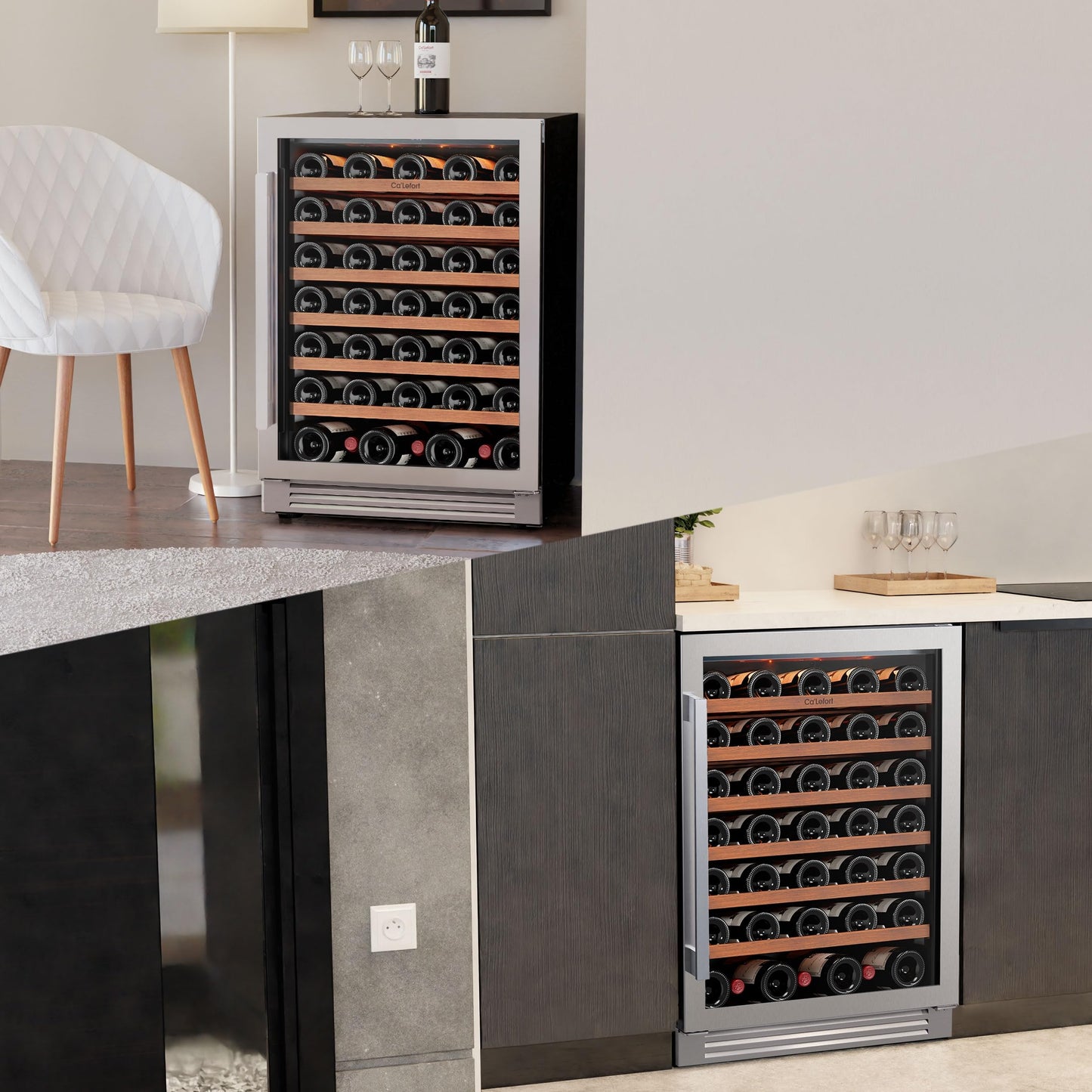 Ca'Lefort 24 Inch Wine Cooler Refrigerator, 61 Bottles Wine Coolers with Glass Door, 3 LED Built-in Compressor Fridge with Adjustable Shelves for Home Office Bar (5.65 cu.ft)