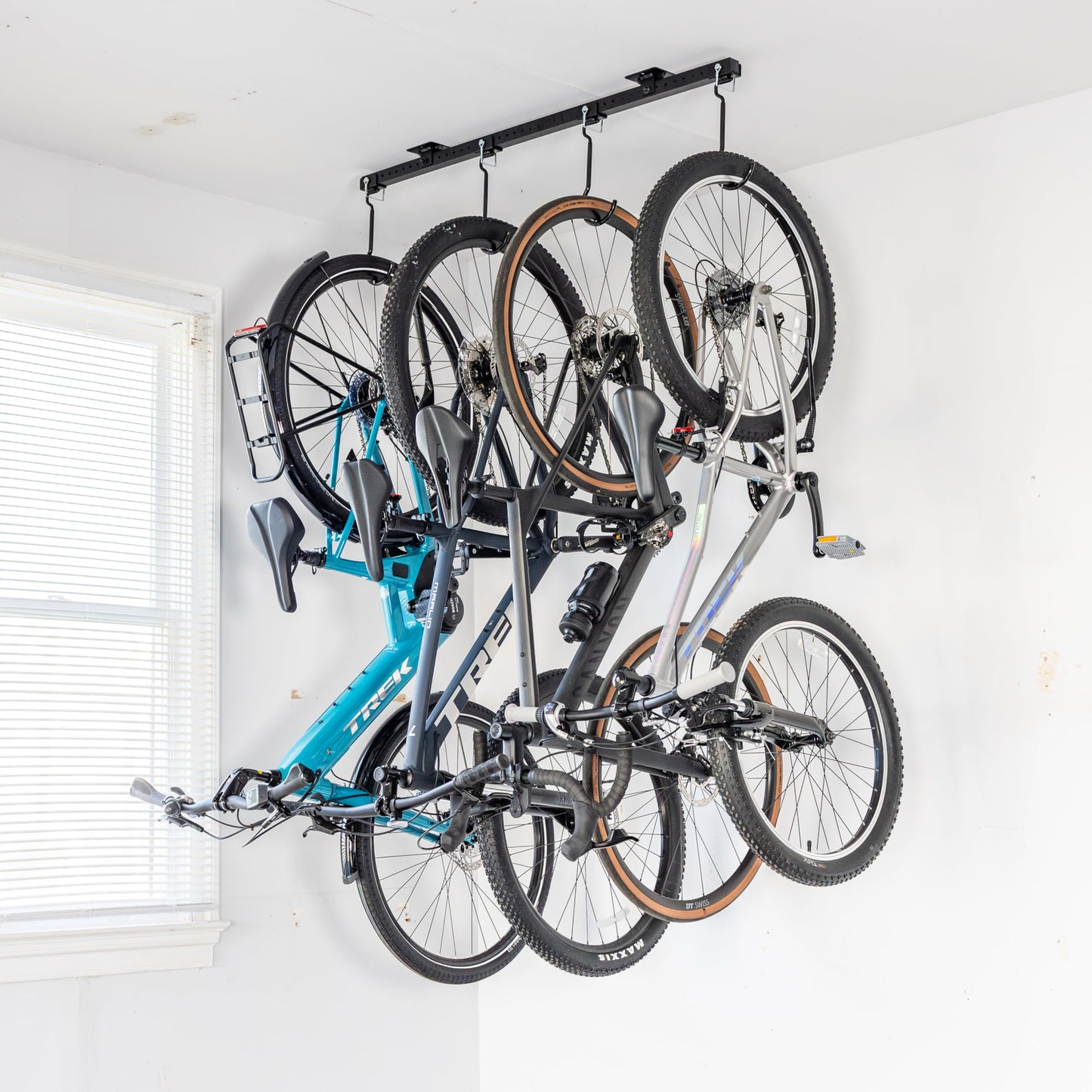 Teal Triangle Ceiling Mounted Bike Rack for Garage - Premium Bicycle Stand & Hanger for Space-Saving Storage | Adjustable Ceiling Hooks Hold 4-8 Bikes - Indoor Bicycle Rack System for basement