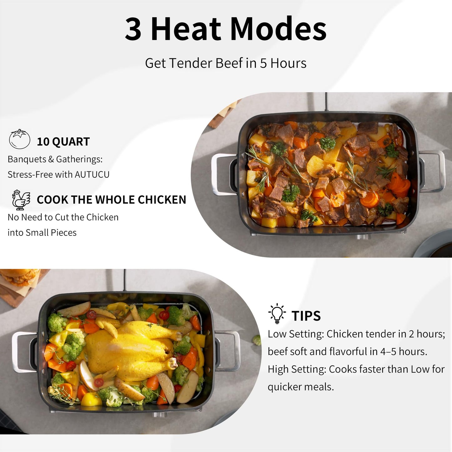 Slow Cooker 10-Quart - PFOA-Free Ceramic Coating, Oven Safe to 450°F | Keep Warm Function for Large Family Gatherings (Includes Silicone Spoon)