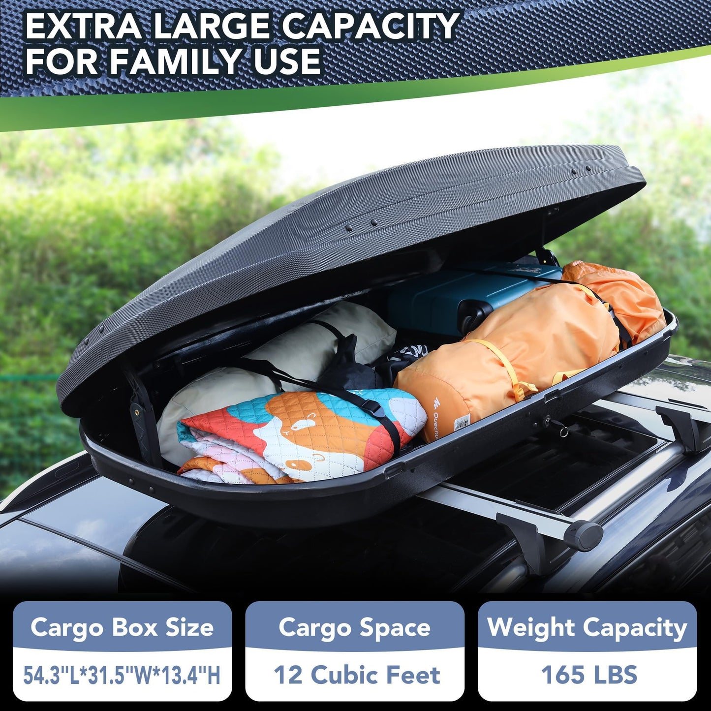 Dual-Side Opening Rooftop Cargo Box Carrier, Hard-Shell Roof Mount Luggage Storage with 165 lbs Capacity, Secure Straps and Keys, Black