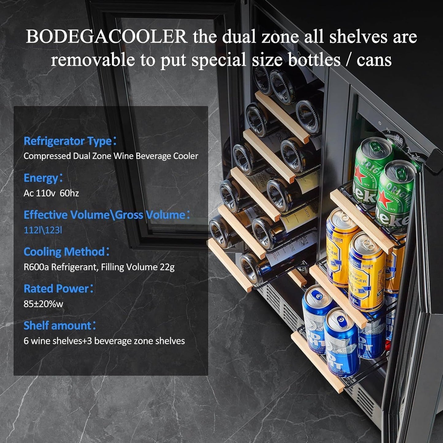 BODEGA 24 Inch Wine and Beverage Refrigerator Free Standing. Dual Zone Stainless Steel Wine Fridge under Counter, Drink Cooler for Beer, Soda, Champagne, Holds 41 Cans and 17 Bottles, Black