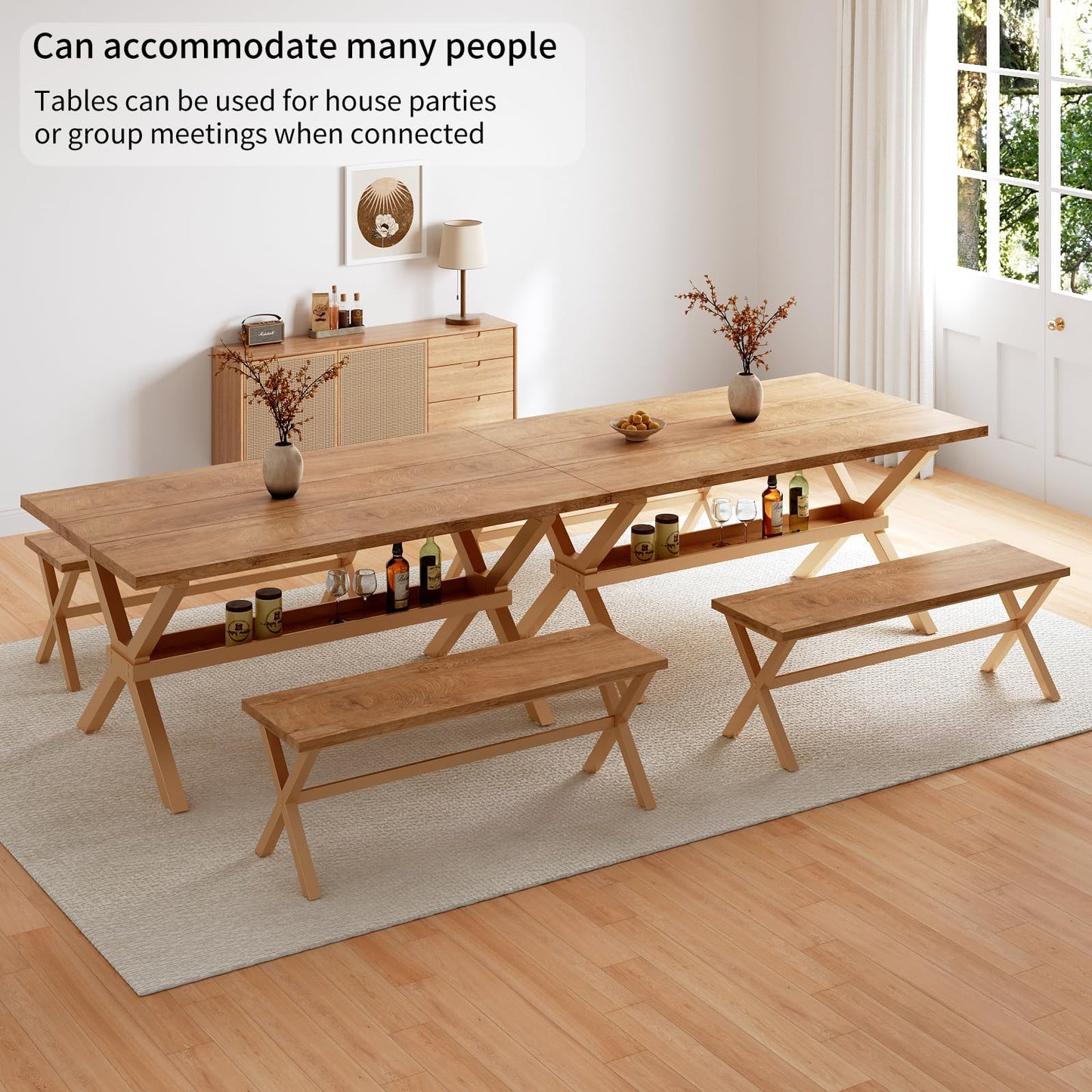 HIPIHOM 63" Dining Table Set with 2 Dining Benches for 4, Scratch Resistance MDF Kitchen Table with Sturdy Metal Legs, Small Dining Table Sets for 4 for Family Gatherings