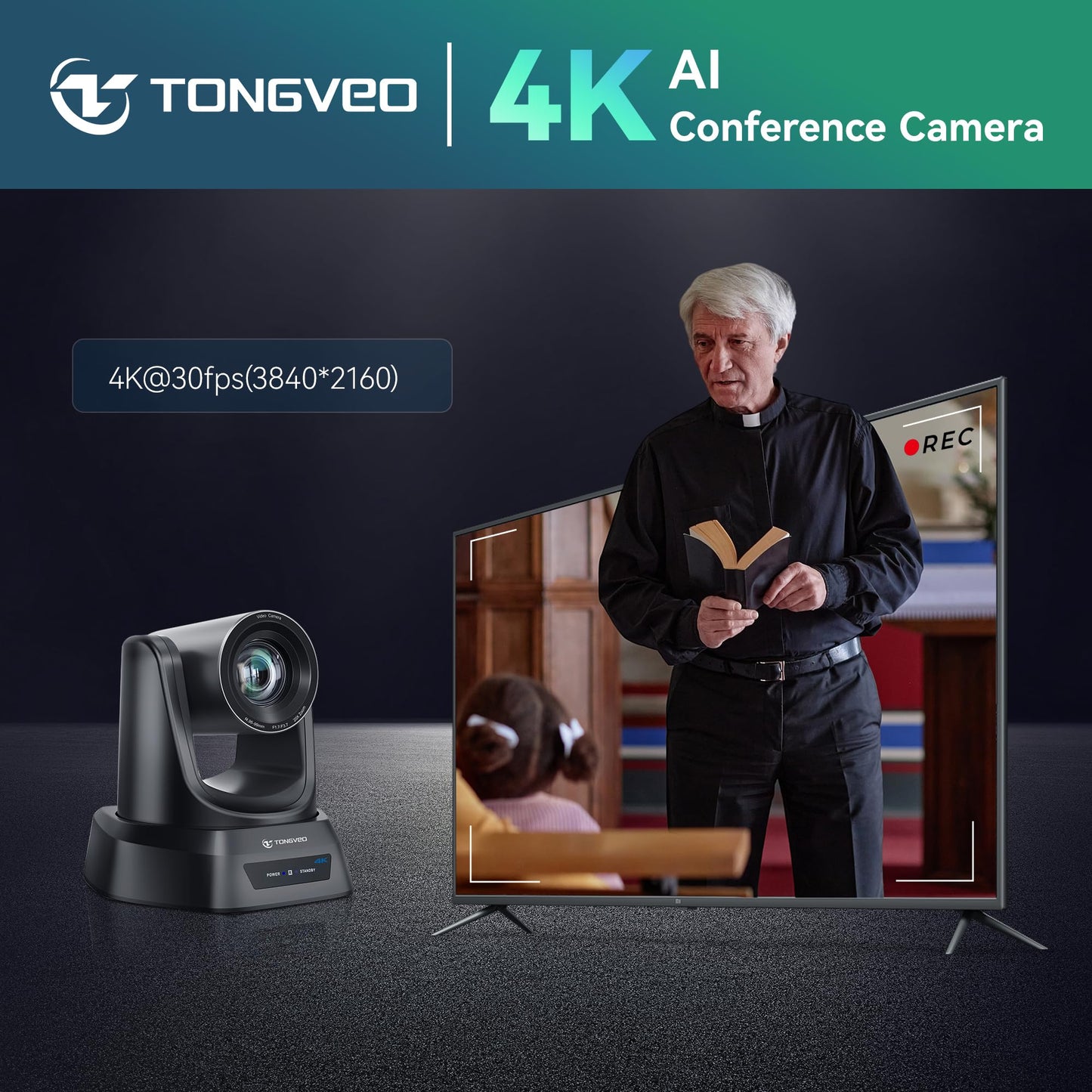TONGVEO 4K AI Auto Tracking PTZ Conference Camera System with Bluetooth Speakerphone & Microphone, 20X Optical Zoom, USB3.0 HDMI LAN PoE Power Camera for Church Worship, Meetings, Streaming