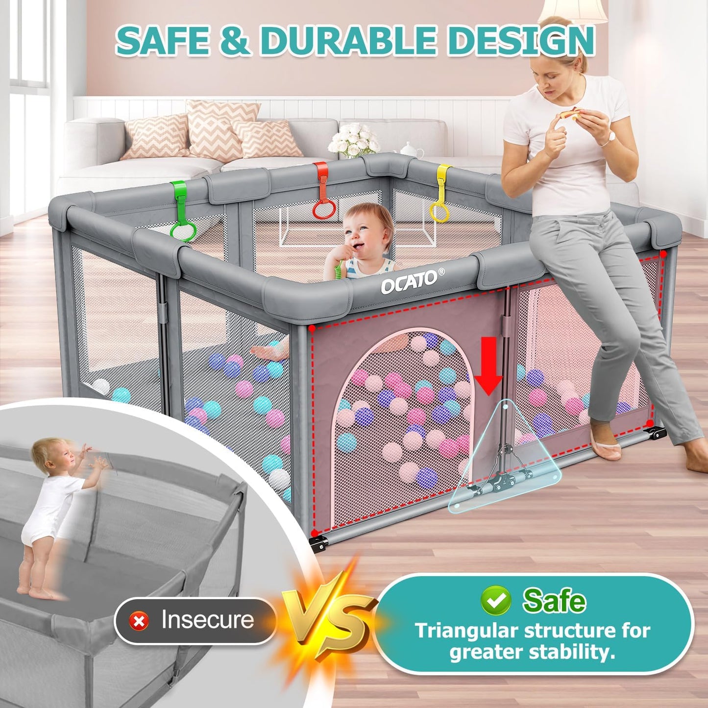 OCATO Baby Playpen Play Pen: Foldable Playpen for Babies and Toddlers Playard for Indoor Outdoor Activity Center Game Fence Safety Area Toddler Play Pen for Babies 6-12 Months Baby Gifts (50" × 50")