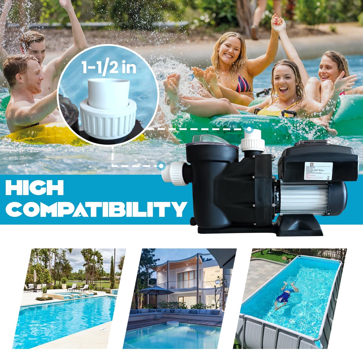 PeakPursuit High-Efficiency Variable Speed Pool Pump 1.5HP - 220V for Above/In Ground Swimming Pools | 3000-8000 GPH High Flow | Energy Saving, Quiet, ETL Certified (with Filter Basket)