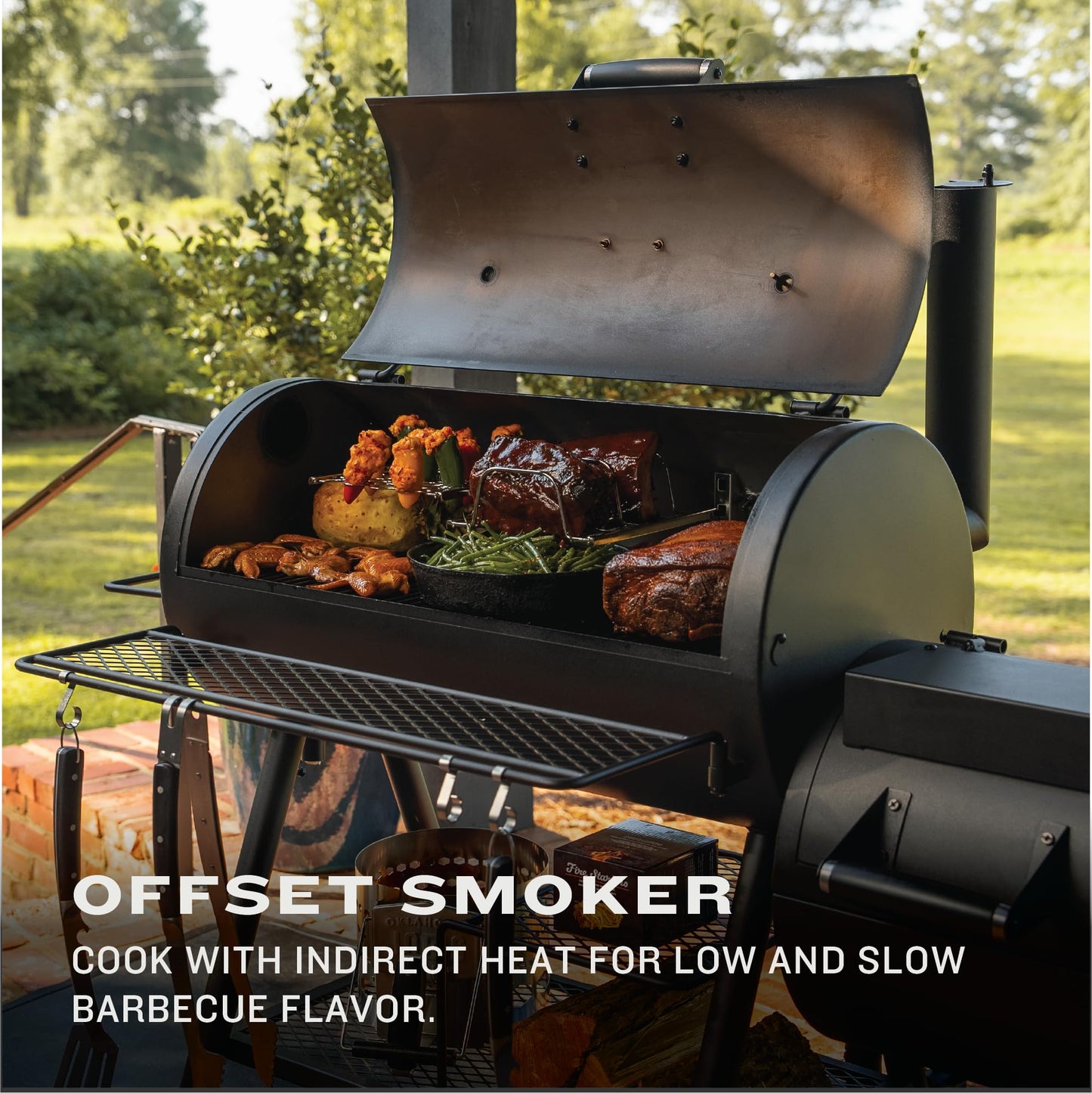 Oklahoma Joe's® Highland Offset Reverse Flow Offset Charcoal Smoker and Grill With 1093 sq. in. Cooking Area in Black - Charcoal Smoker Grill