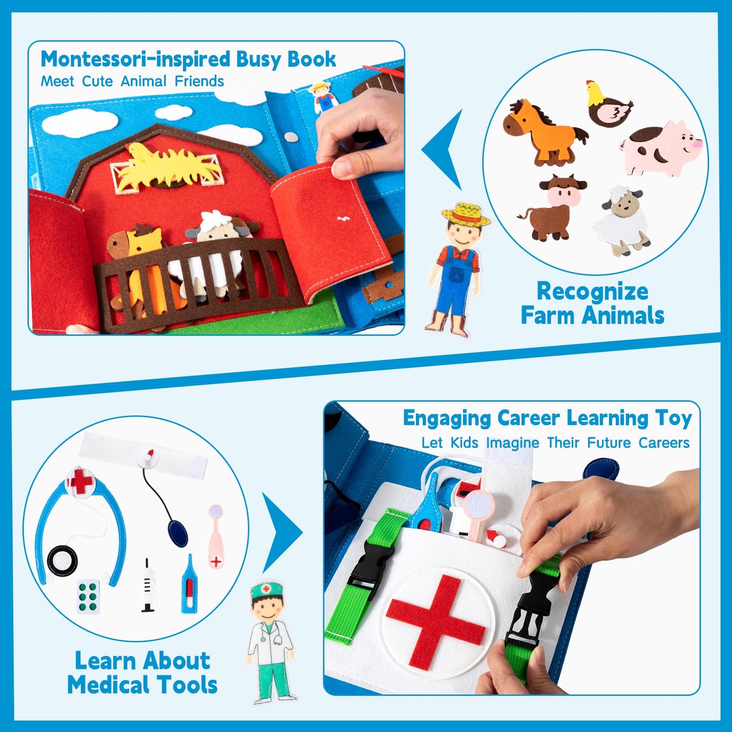 YunHe XinQiao Toys Factory My First Busy Book for Toddlers 3-5, Montessori Quiet Book with Life Skills Activities, Sensory Activity Book for Kids, Travel Toy for Airplane, (4 Career Roles)