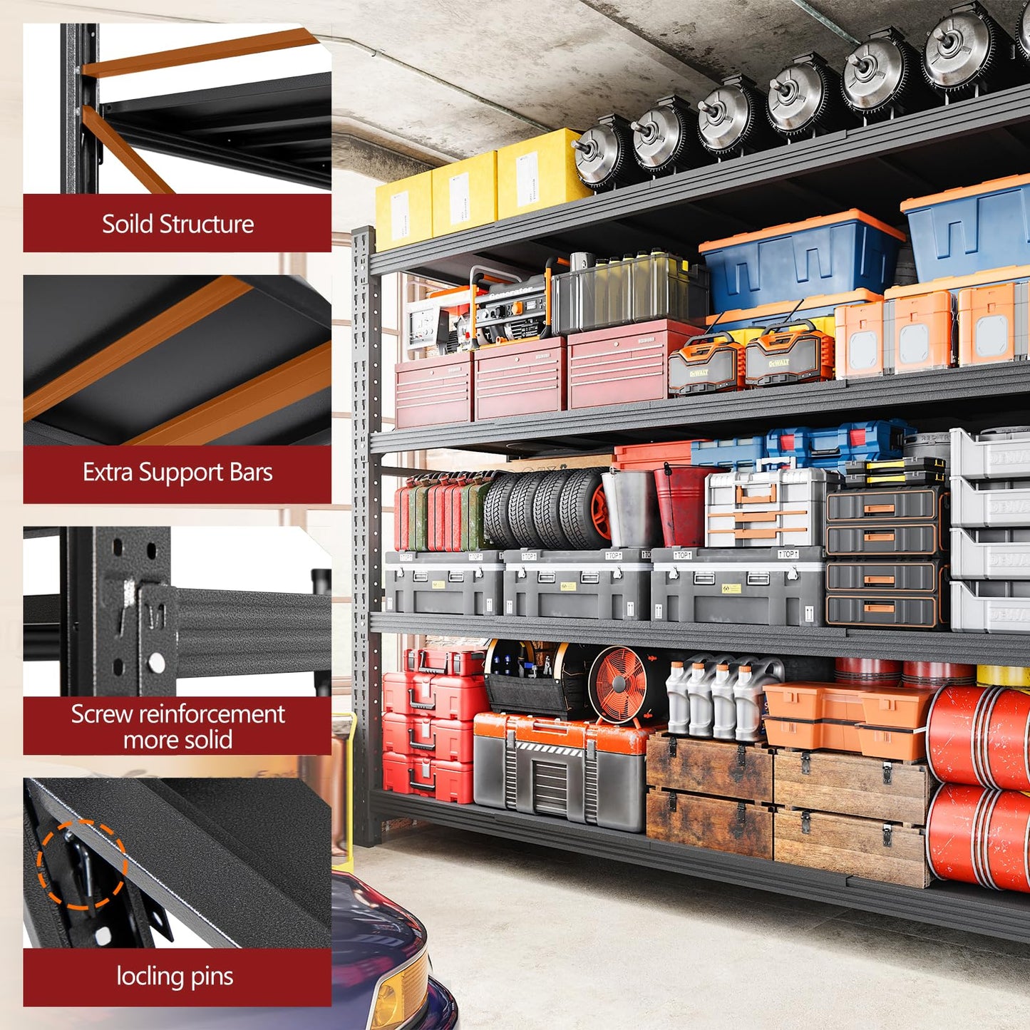 RAVIGIN 7000LBS Storage Shelves,79" W Garage Shelving Heavy Duty Metal Adjustable Garage Shelves, Shelving Units Industrial Shelving for Warehouse,79" W x 24" D x 79" H,Black