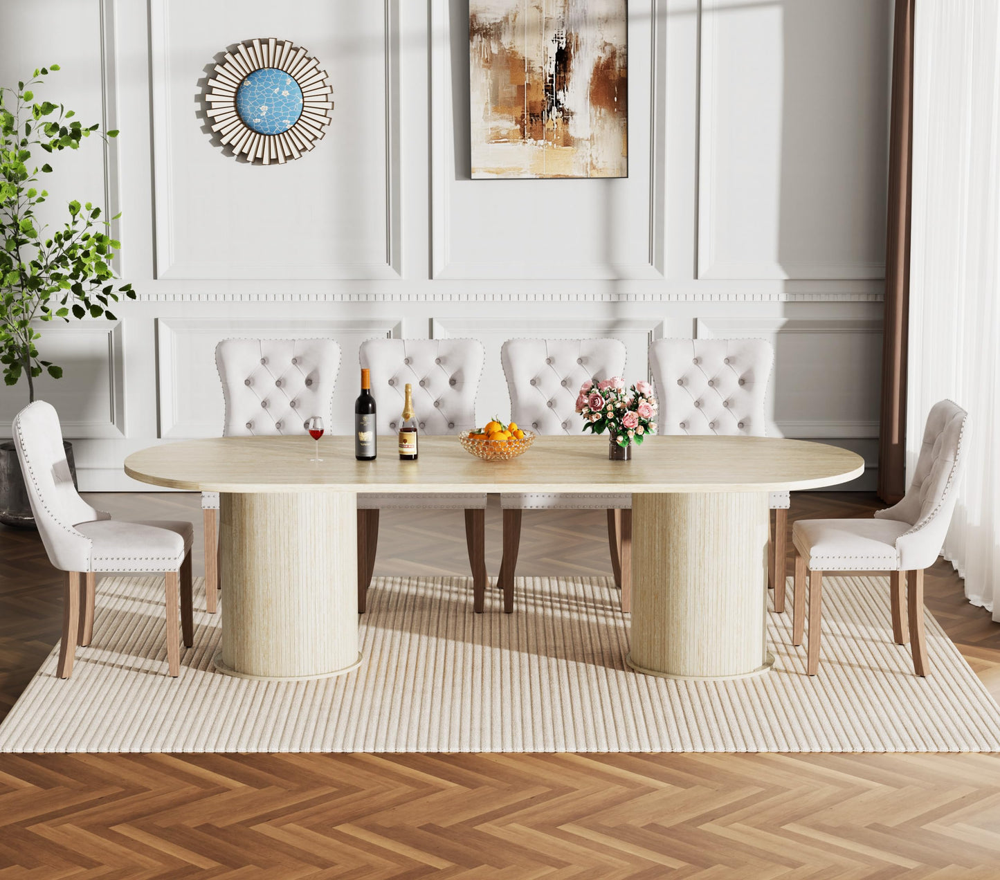 11 Piece Extendable Dining Table Set with 10 Beige Upholstered Chairs, 63"-95" Faux Mars Oval Kitchen Table Set with Storage for 10, Space-Saving Expandable Dining Room Table Set with Wood Fluted Base